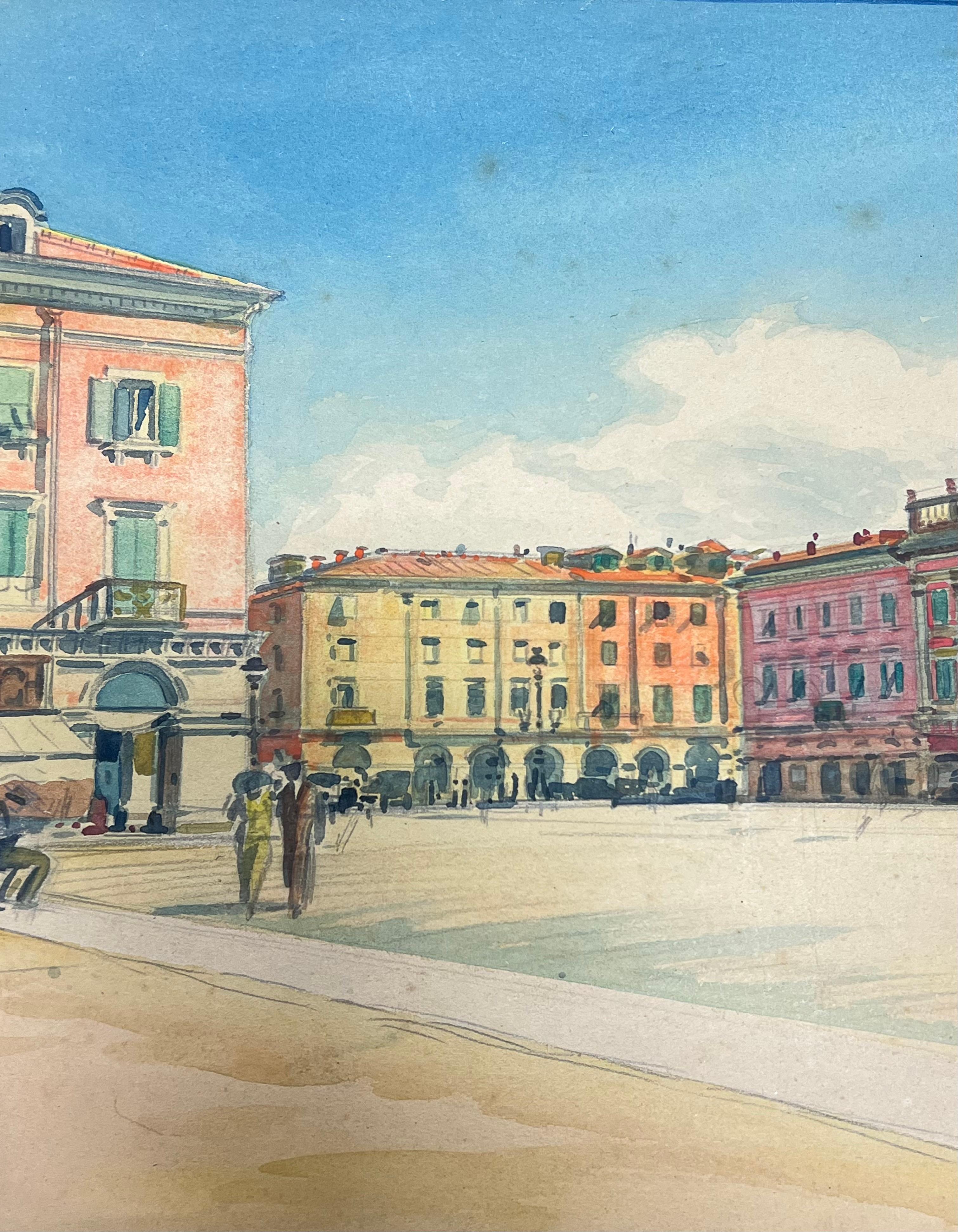 Quiet Sunlit Grand Plaza Square in Nice France Vintage French Watercolour - Post-Impressionist Art by  Tony Minartz 