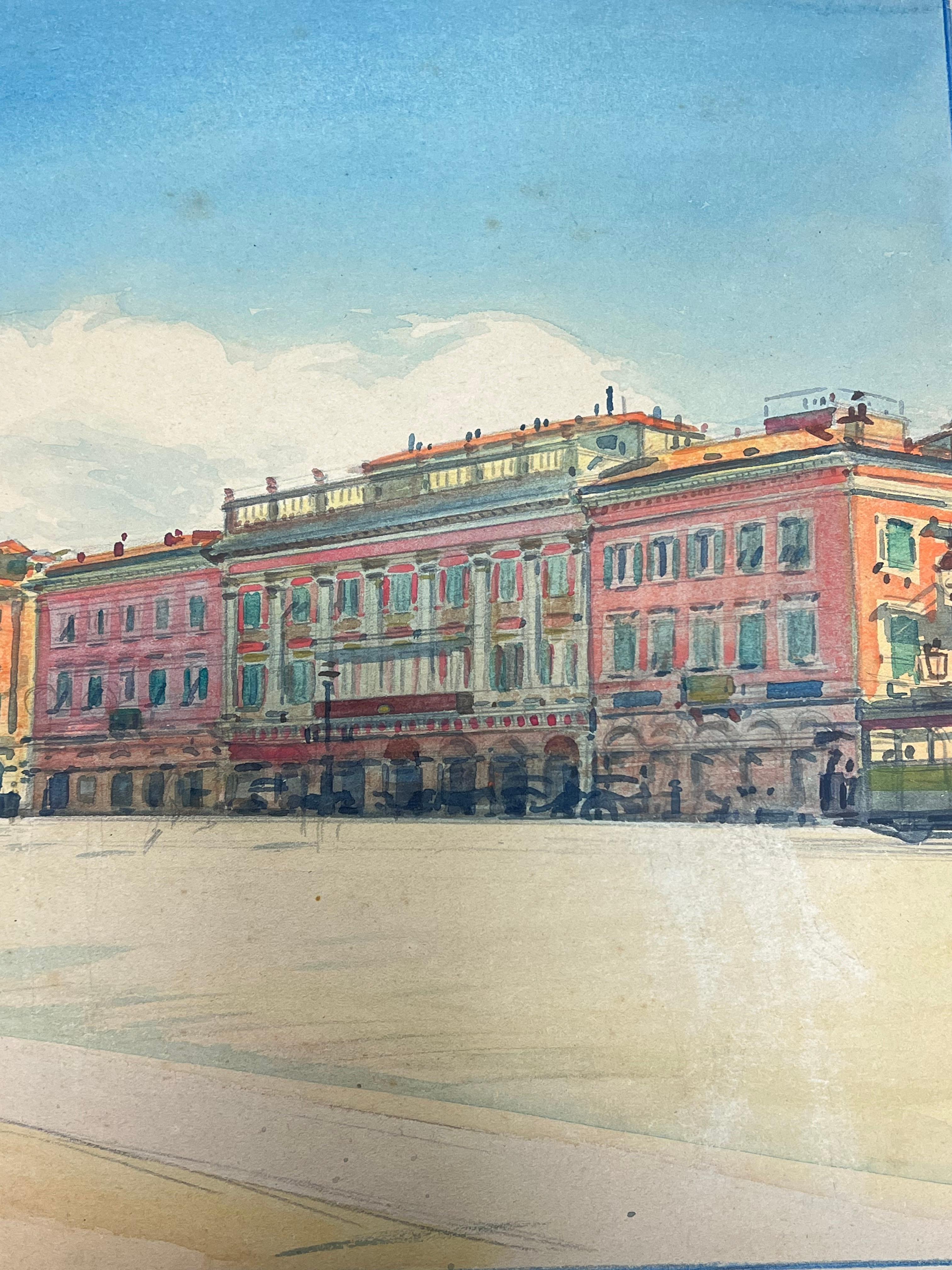 Quiet Sunlit Grand Plaza Square in Nice France Vintage French Watercolour - Gray Landscape Art by  Tony Minartz 