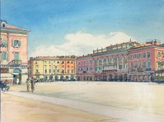 Quiet Sunlit Grand Plaza Square in Nizza, Frankreich, Vintage Französisches Aquarell