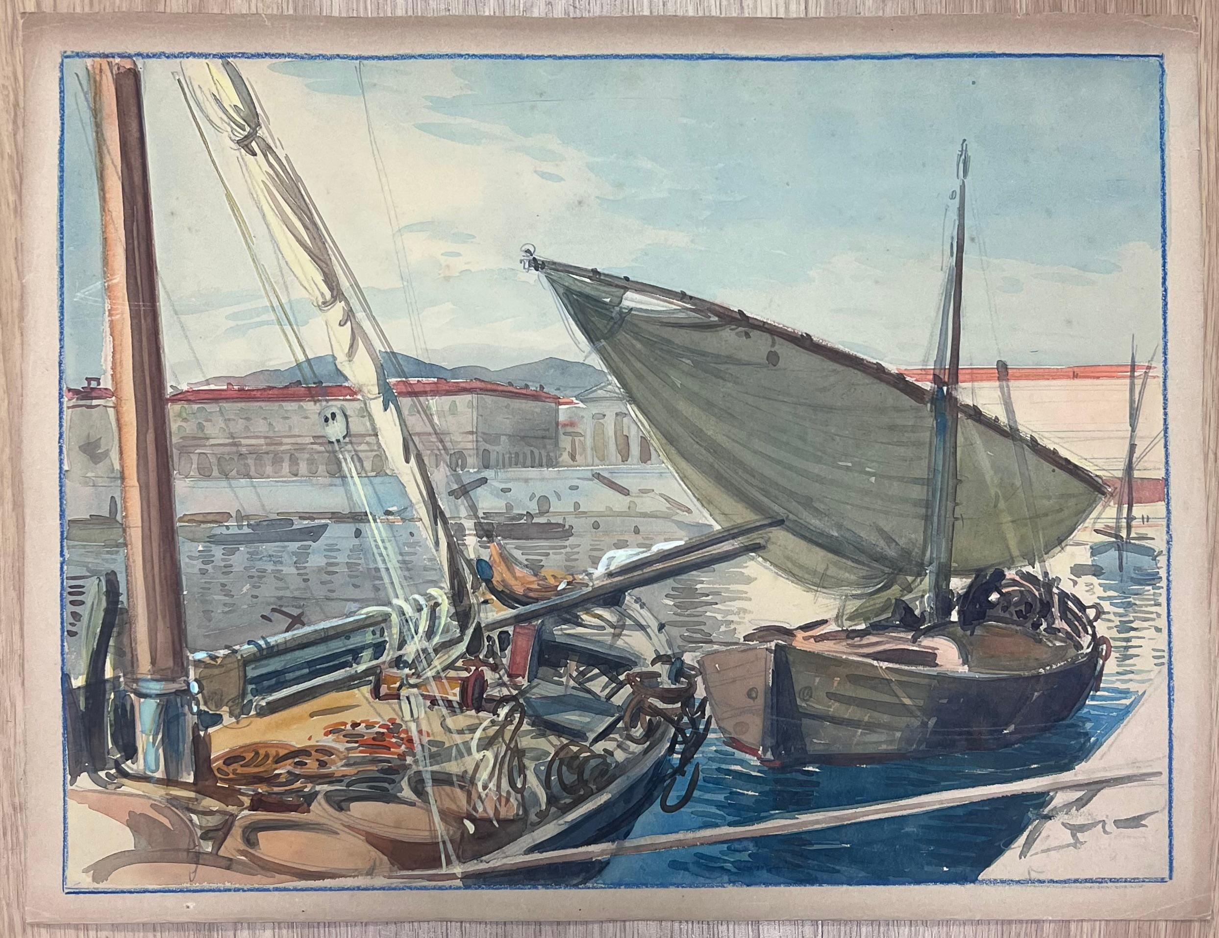 Sailing Boats with Billowing Sails Moored in Sunlit Nice France Port Watercolour - Painting by  Tony Minartz 