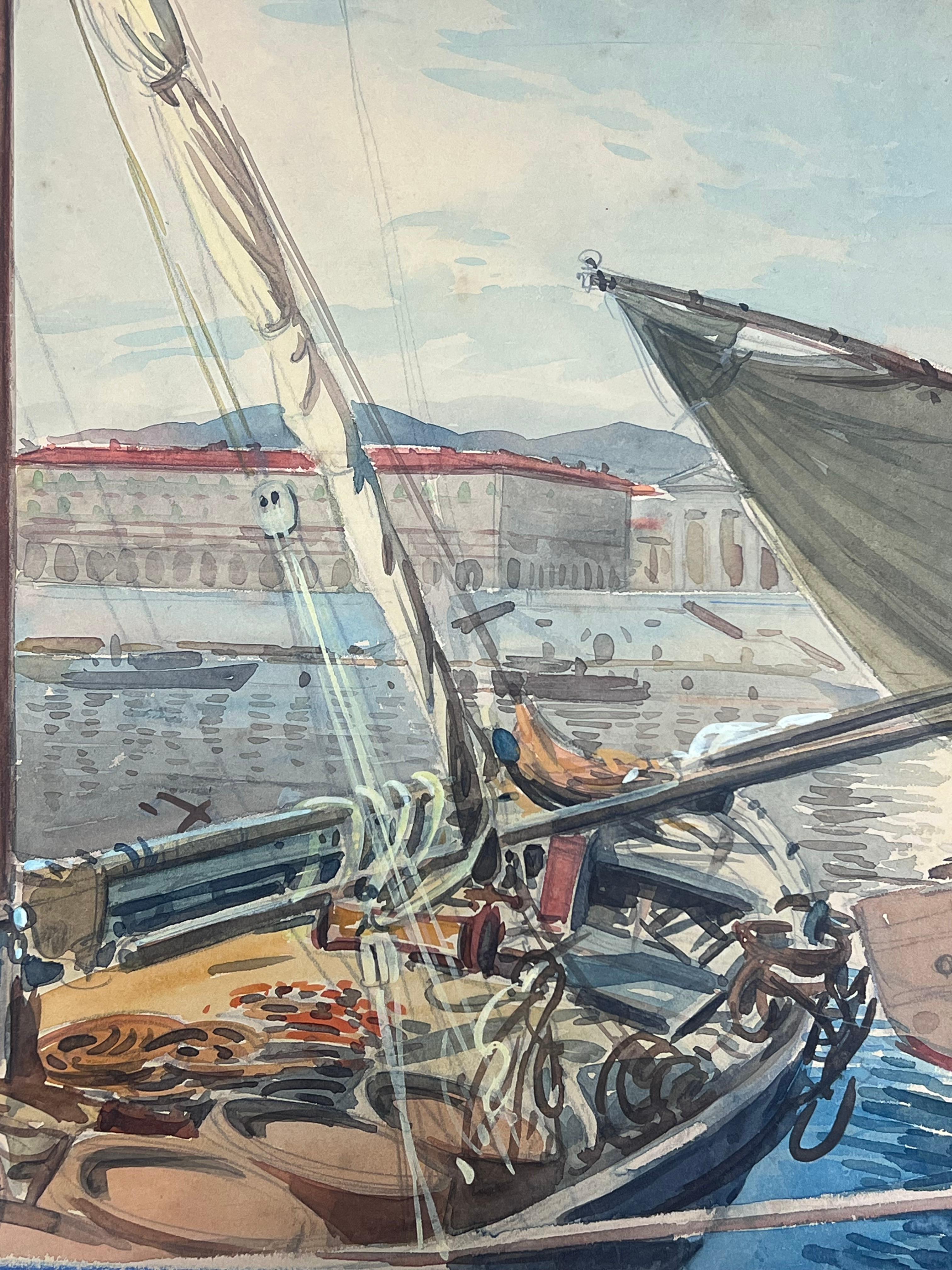 Sailing Boats with Billowing Sails Moored in Sunlit Nice France Port Watercolour - Post-Impressionist Painting by  Tony Minartz 