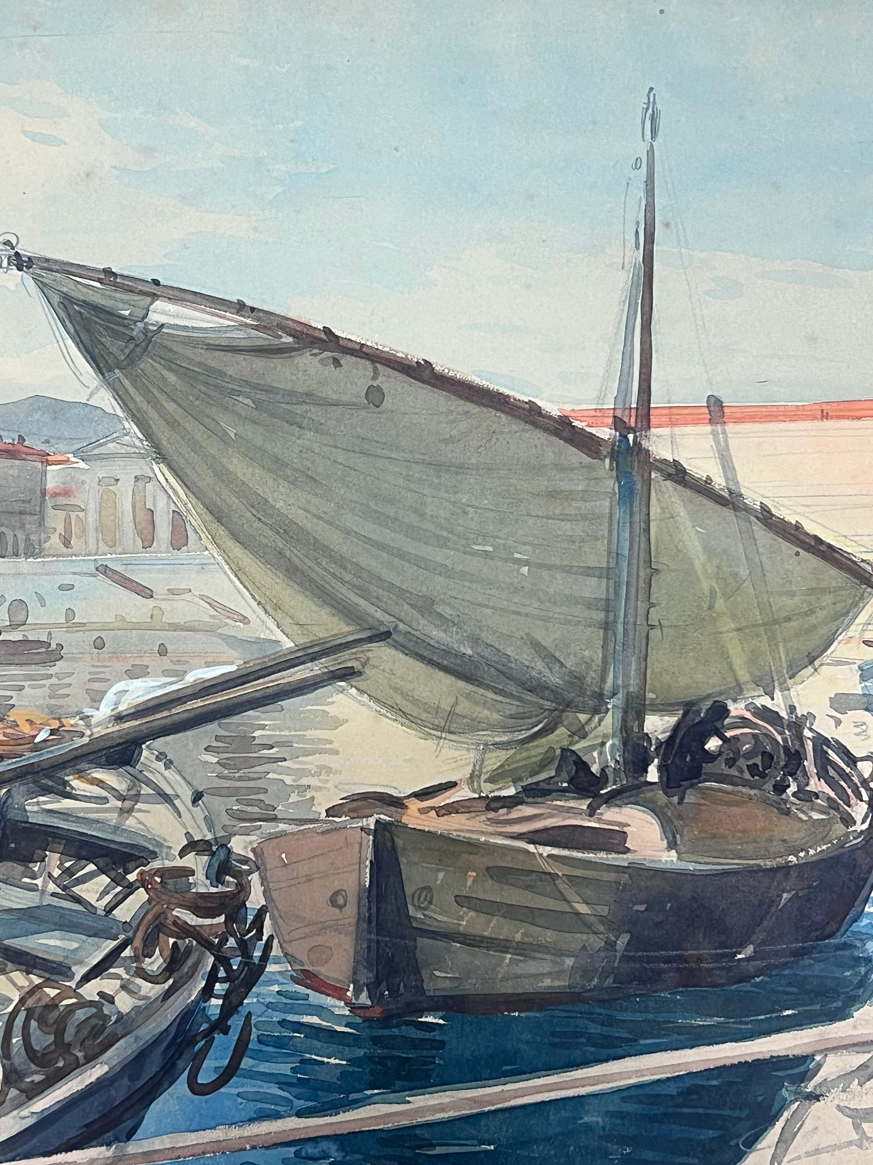 Sailing Boats with Billowing Sails Moored in Sunlit Nice France Port Watercolour - Gray Landscape Painting by  Tony Minartz 
