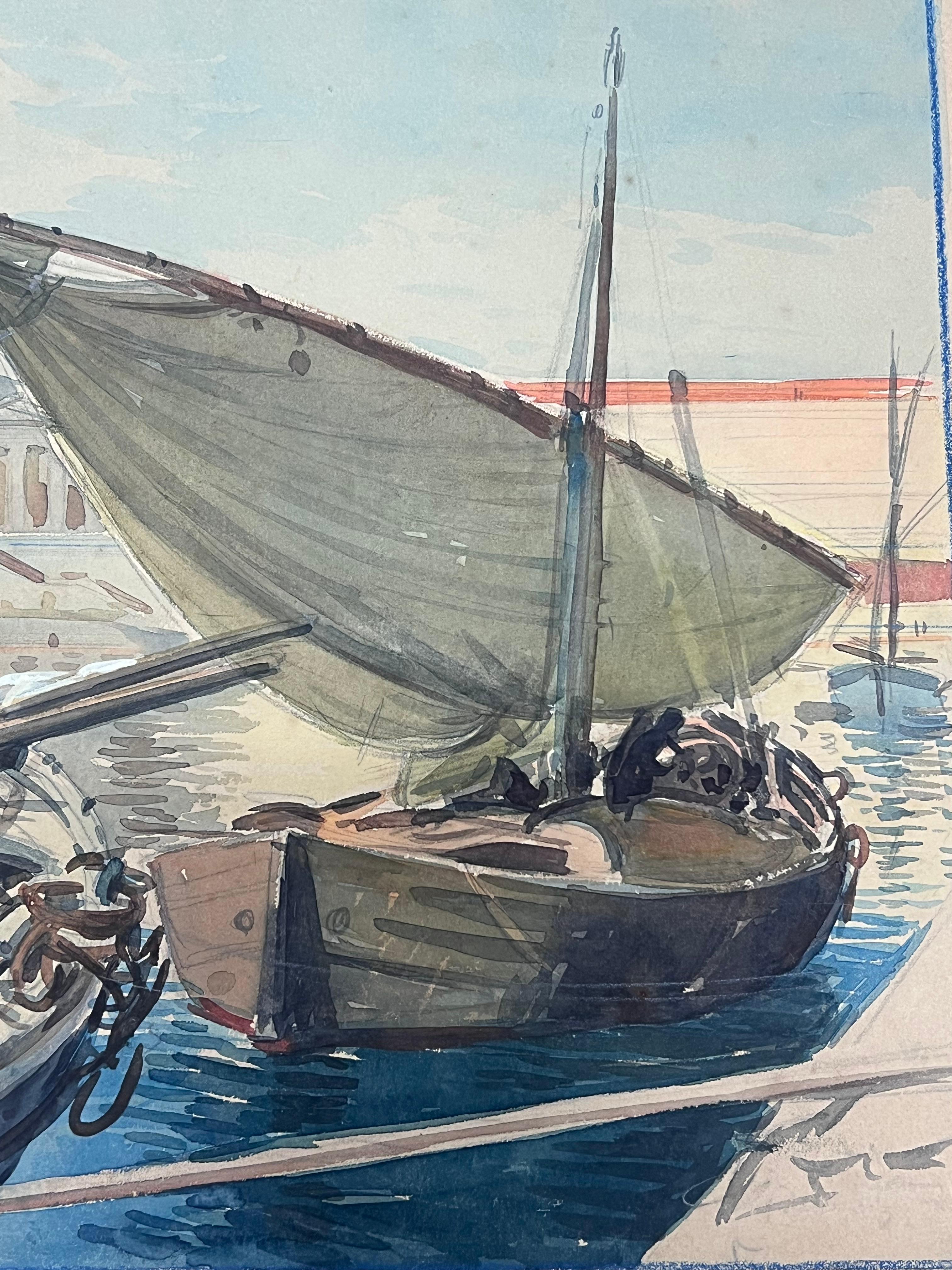 Harbor Scene in Nice
Tony Minartz (French, 1873 - 1994)  
watercolour on artist paper
painting : 12.75 x 17 inches
Provenance: private collection in the South of France, 
Condition: very good condition with some age related markings to the paper.