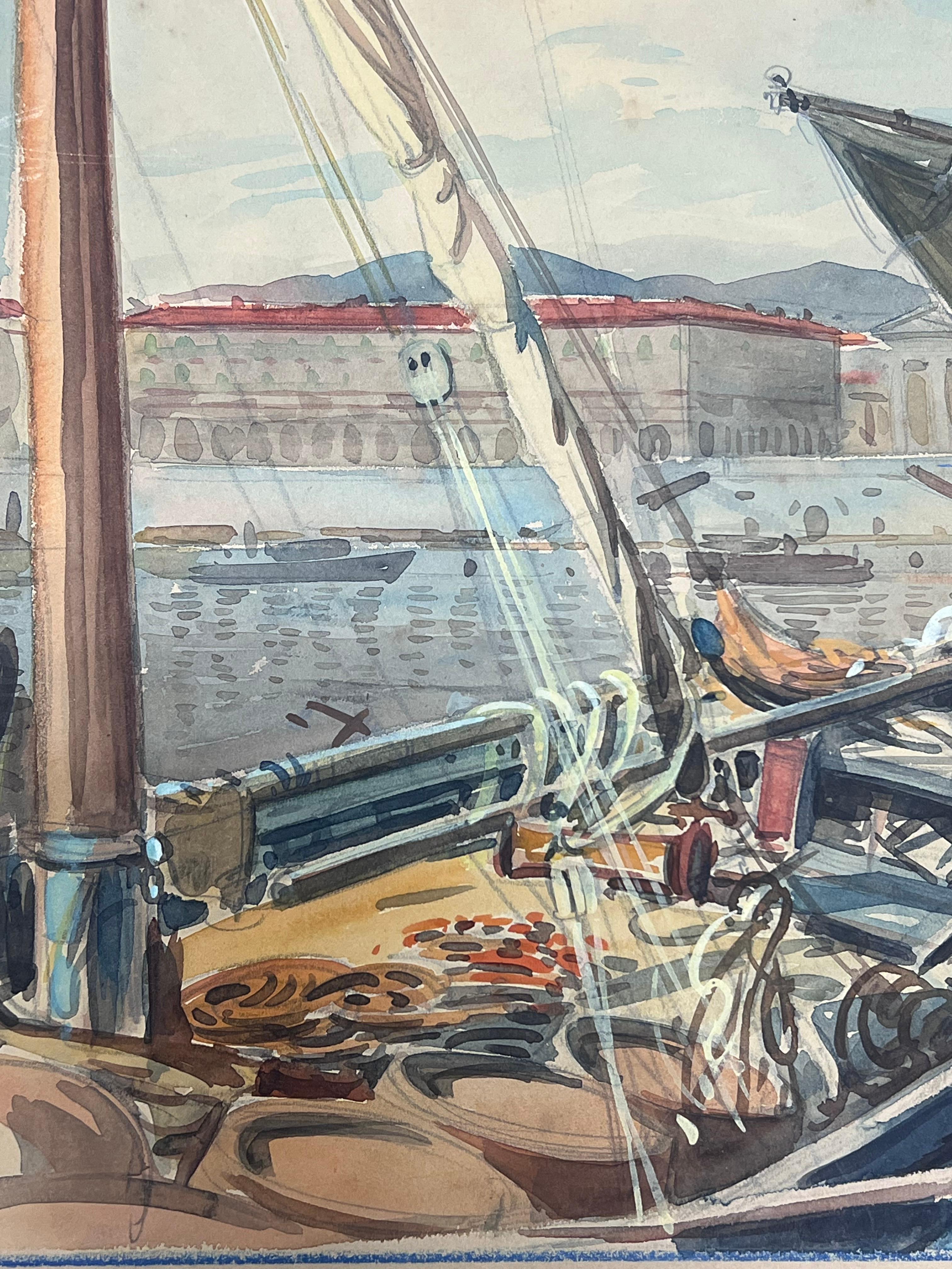 Sailing Boats with Billowing Sails Moored in Sunlit Nice France Port Watercolour For Sale 1