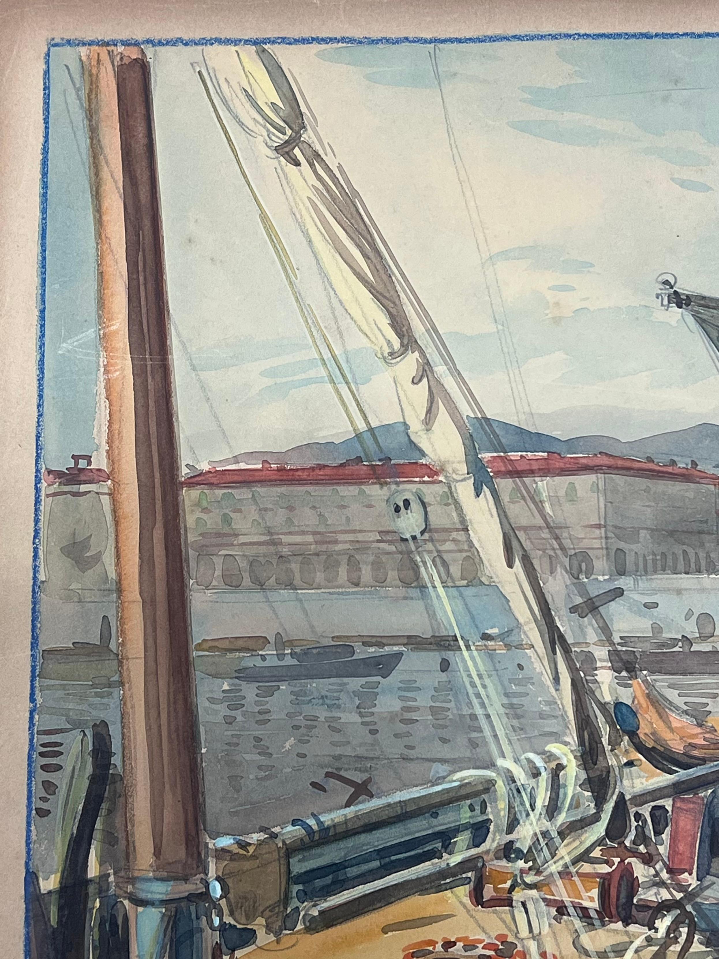 Sailing Boats with Billowing Sails Moored in Sunlit Nice France Port Watercolour For Sale 2