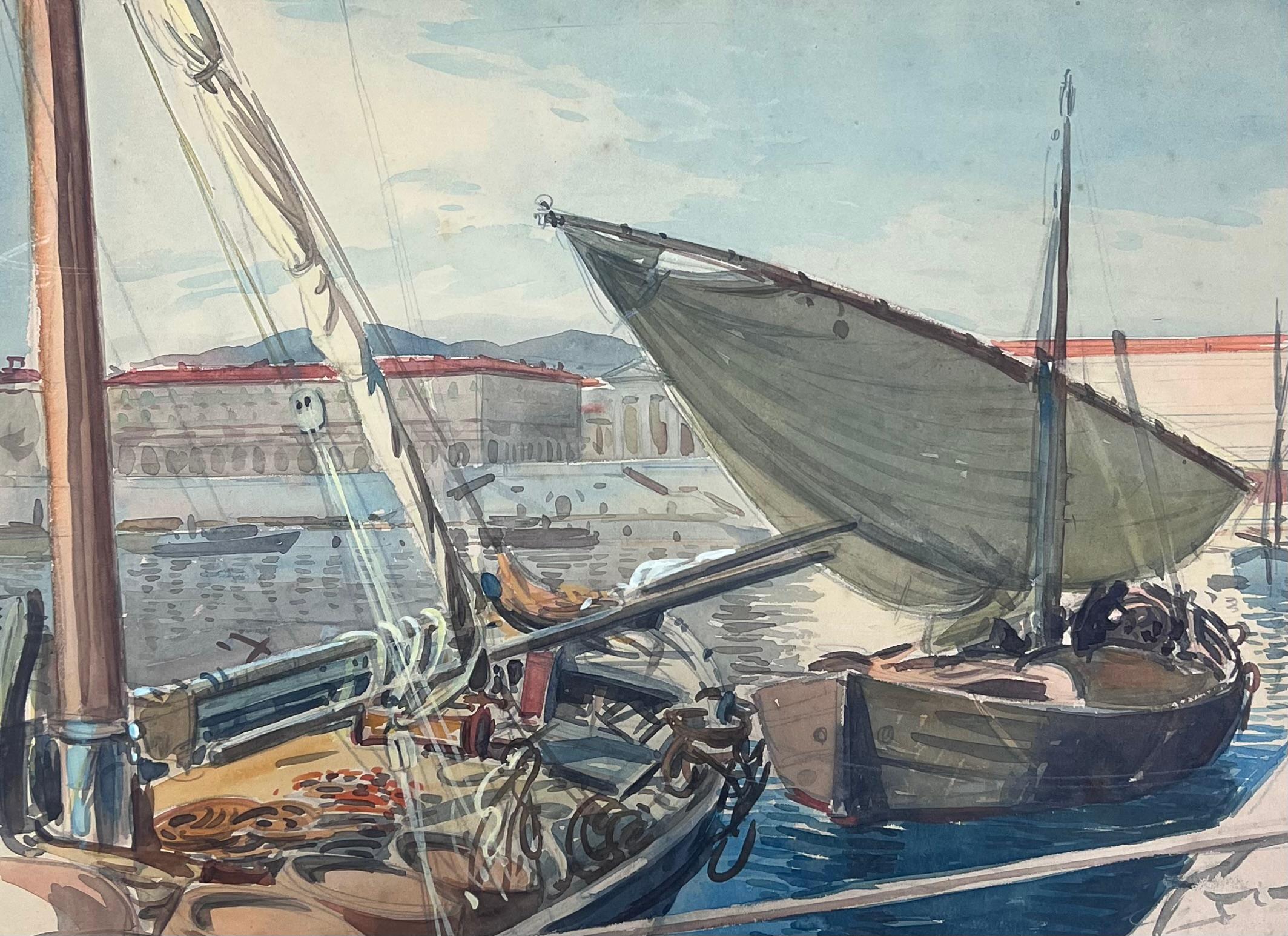  Tony Minartz  Landscape Painting – Segelboote mit baumelnden Segelbooten, Moored in sonnenbeschienenem Nizza, Frankreich, Port-Aquarell