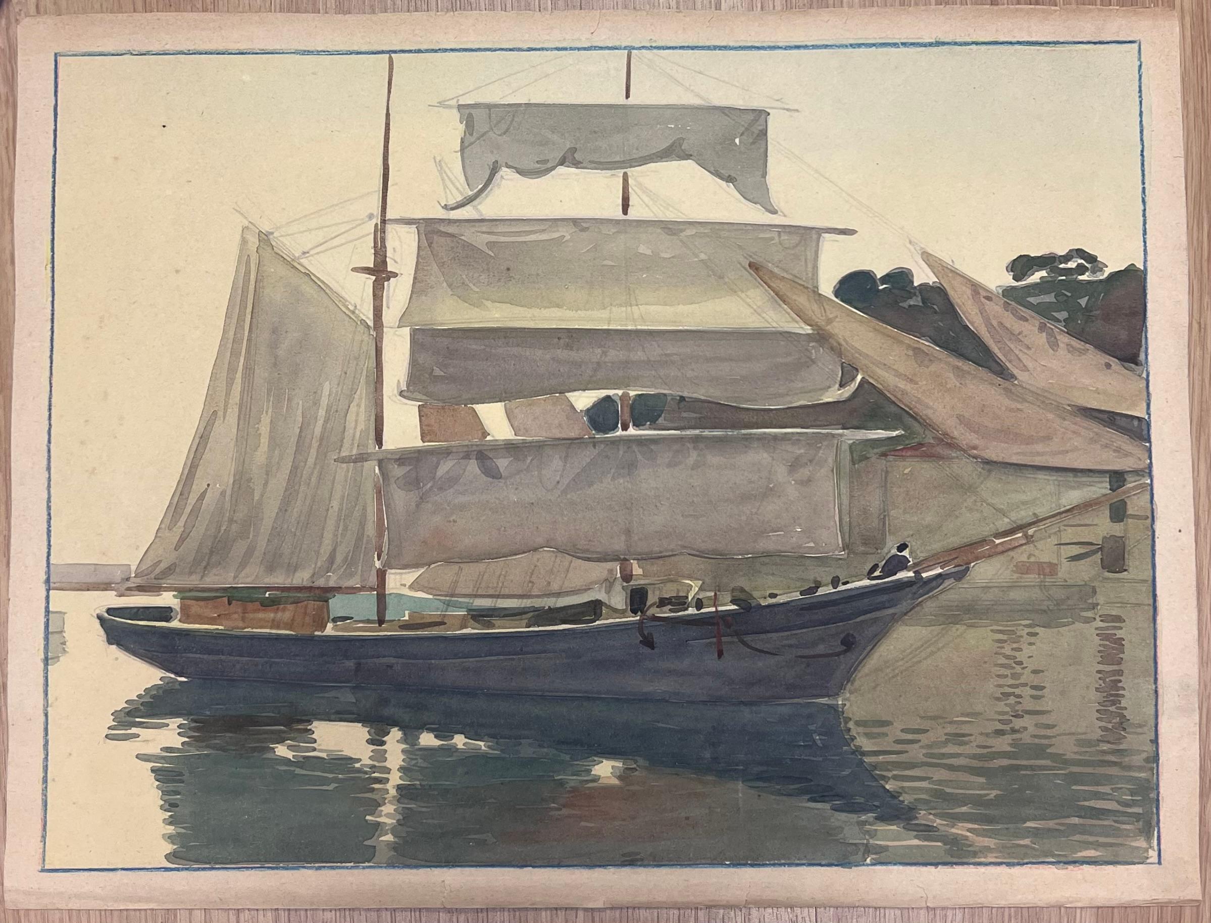 Nave a vela all'ancora nelle acque grigie del Mediterraneo Pittura francese - Painting di  Tony Minartz 