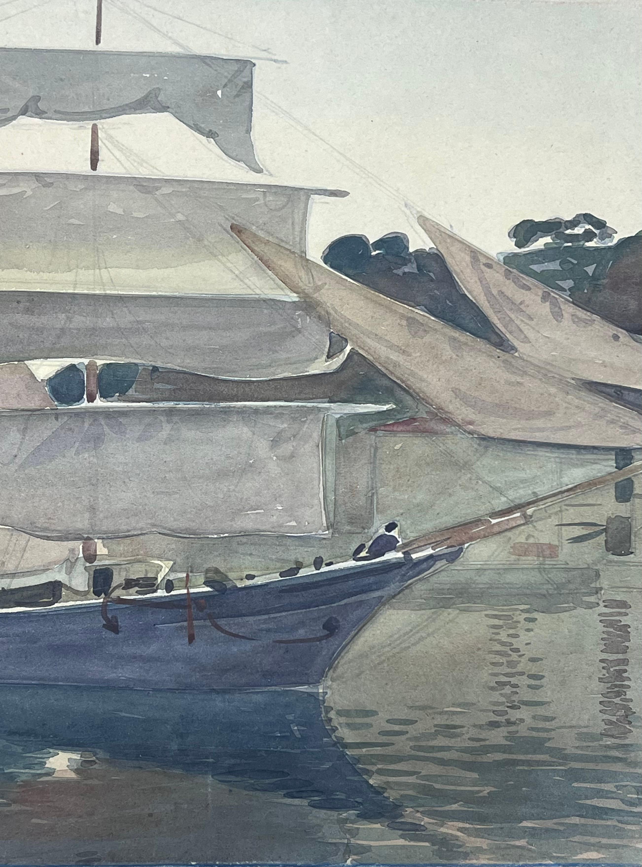 Nave a vela all'ancora nelle acque grigie del Mediterraneo Pittura francese - Painting Postimpressionismo di  Tony Minartz 