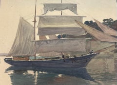 Velero anclado en las aguas grises del Mediterráneo Pintura francesa