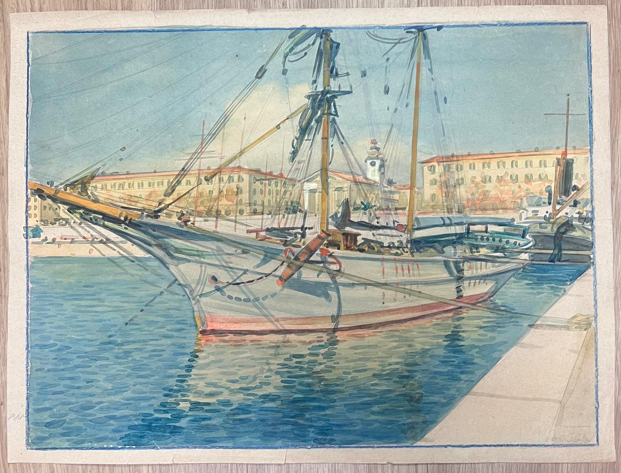 Yate de vela amarrado en puerto iluminado por el sol con reflejos en el agua Puerto Viejo de Niza - Painting de  Tony Minartz 