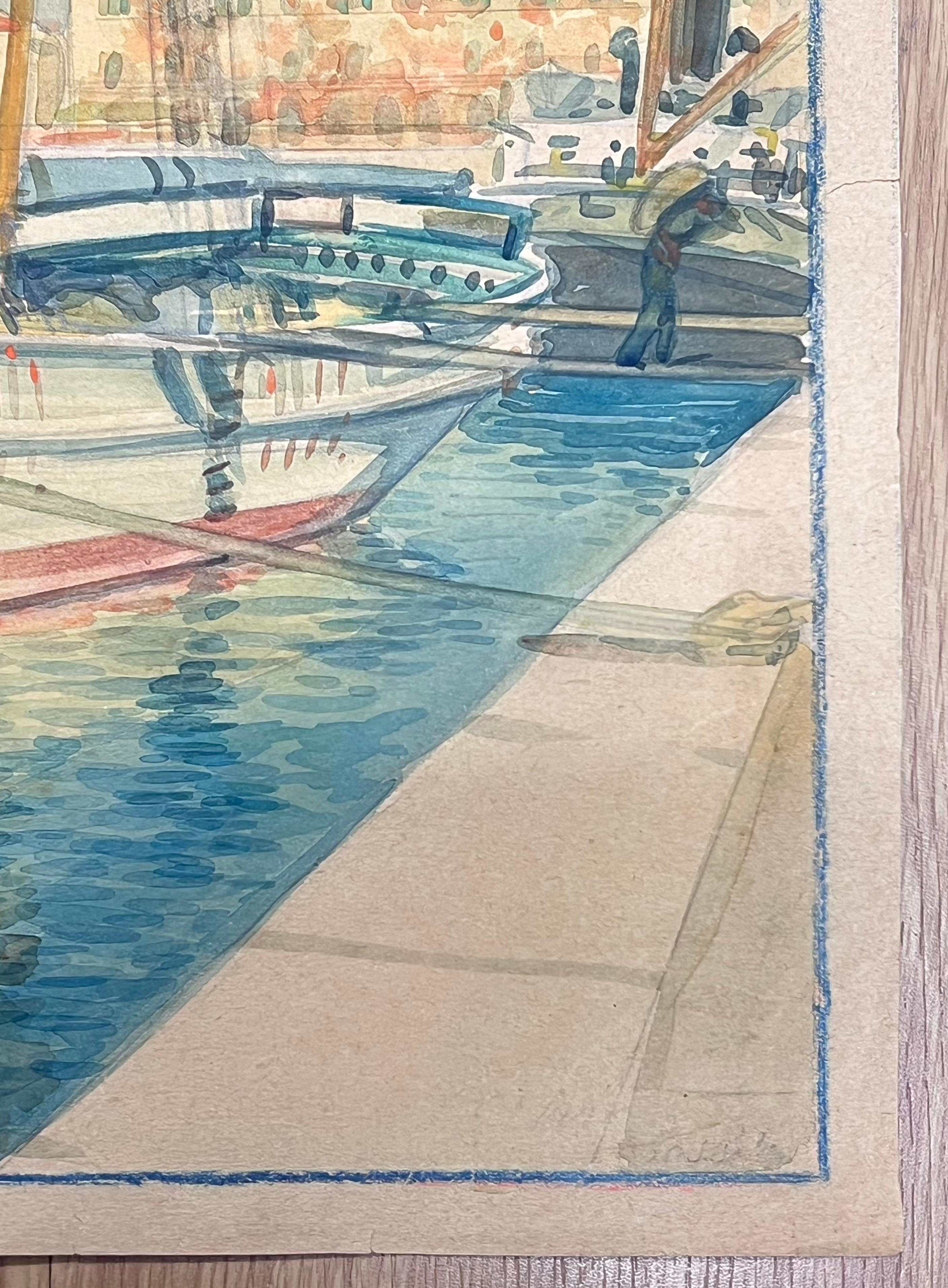 Yate de vela amarrado en puerto iluminado por el sol con reflejos en el agua Puerto Viejo de Niza - Painting Posimpresionista de  Tony Minartz 