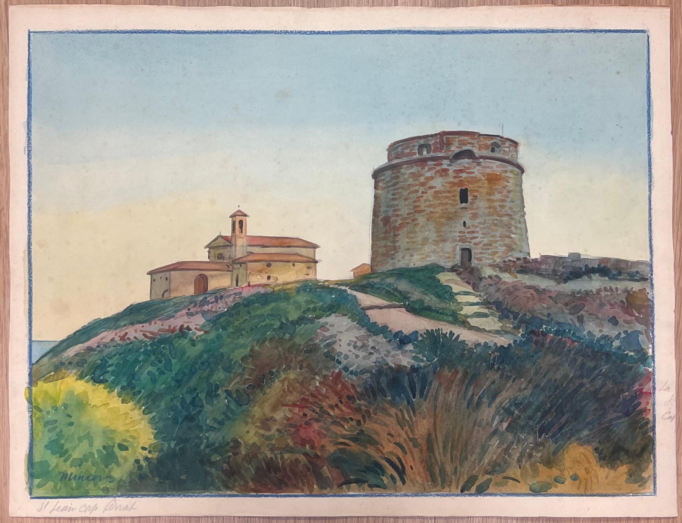 Saint - Jean Cap Ferrat Coastal Fortress and Chapel French Watercolour Painting - Gray Landscape Painting by  Tony Minartz 
