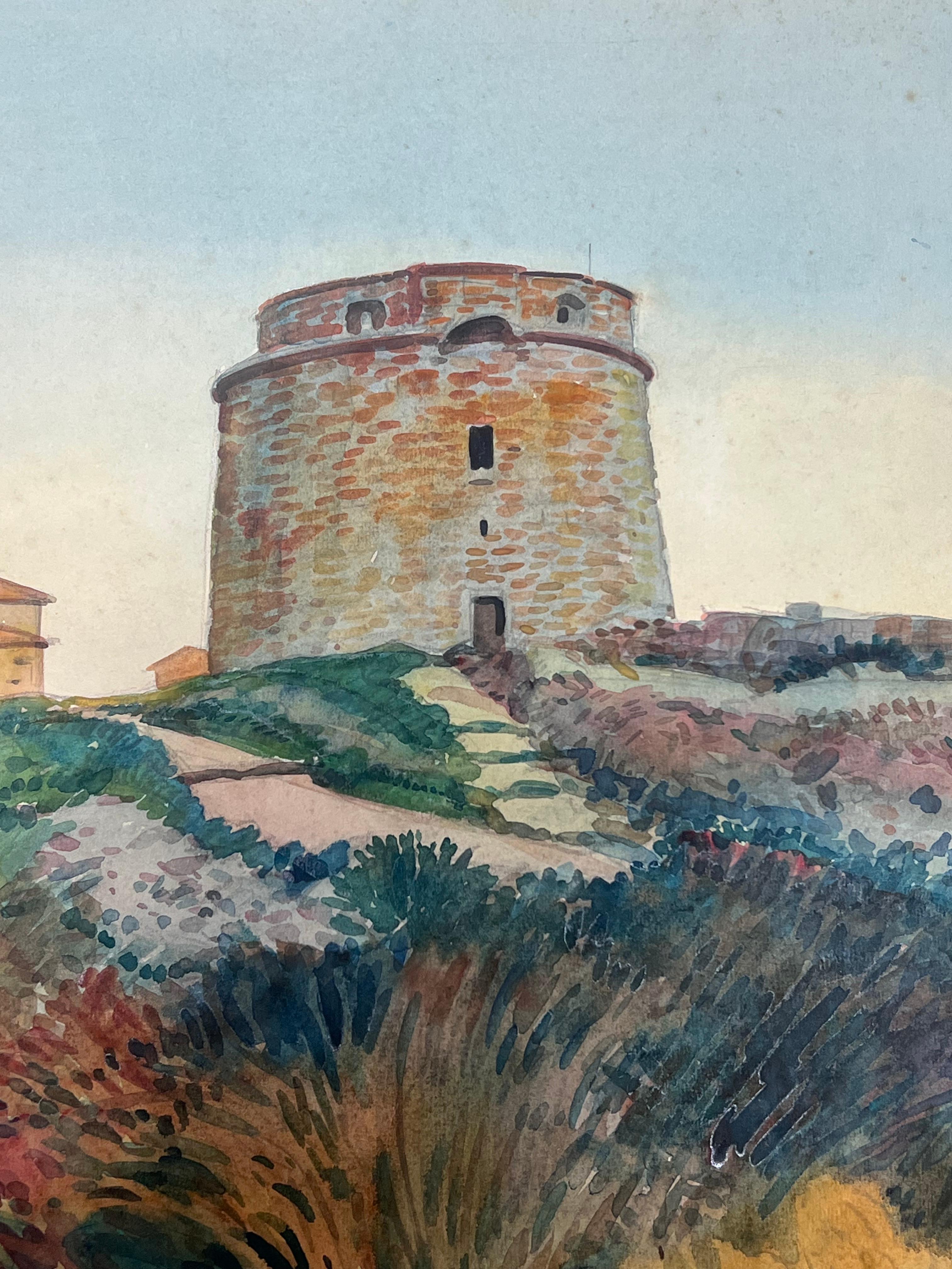 Saint - Jean Cap Ferrat Coastal Fortress and Chapel French Watercolour Painting 1
