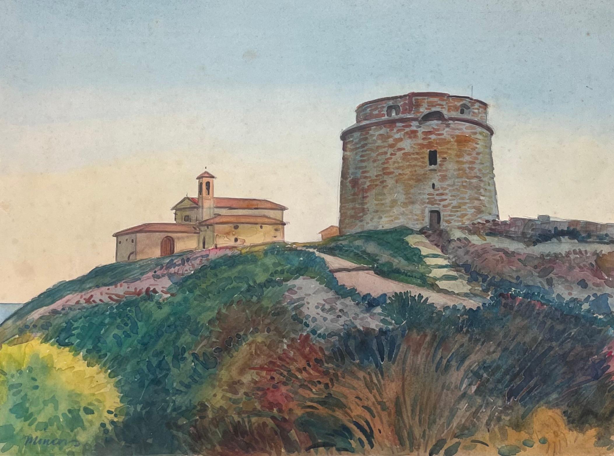 Saint - Jean Cap Ferrat Coastal Fortress and Chapel French Watercolour Painting 2