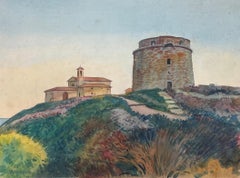 Saint - Jean Cap Ferrat Coastal Fortress and Chapel French Watercolour Painting