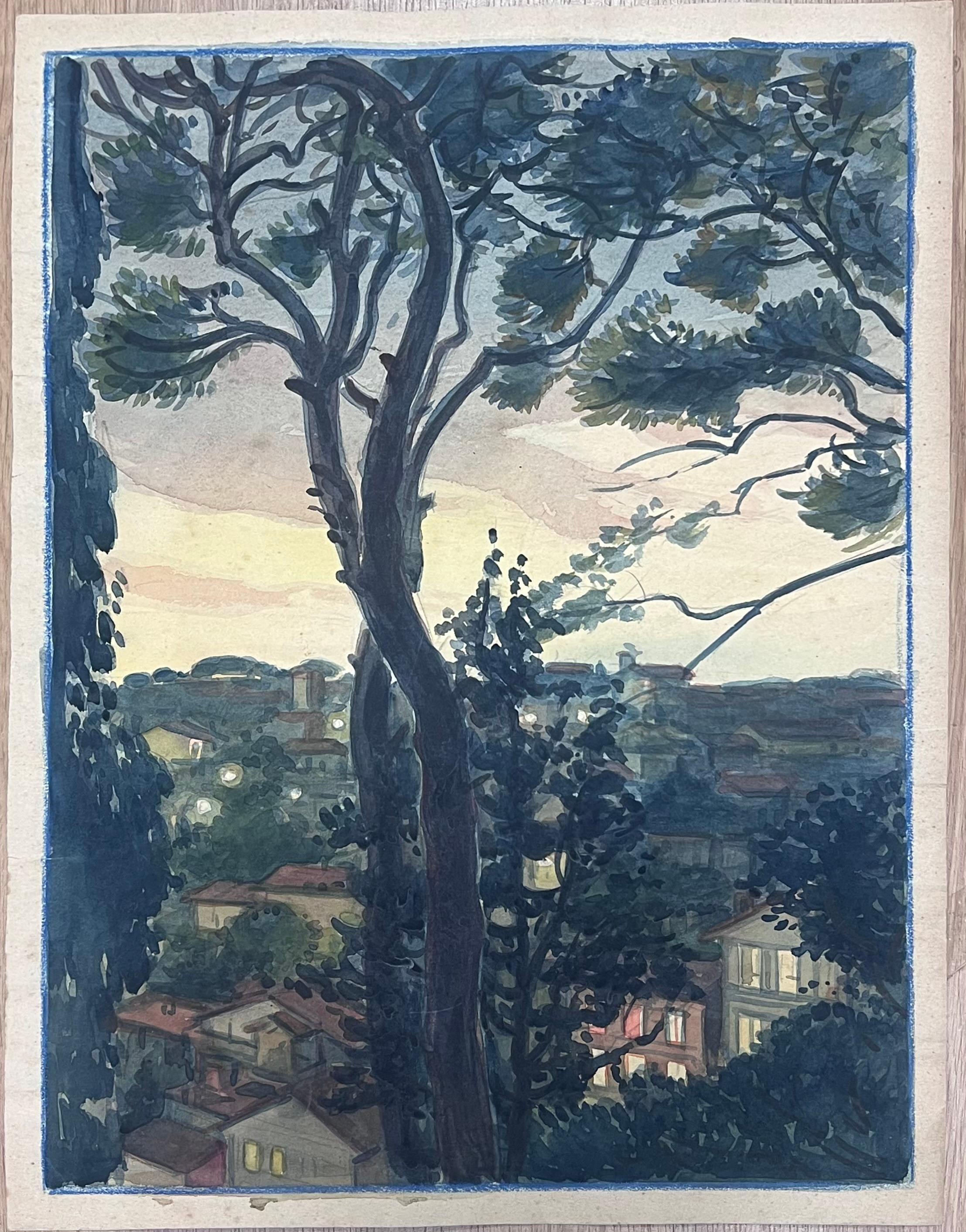 Serena Vista de Niza Francia Enmarcada por Altos Pinos Acuarela Oscura - Painting de  Tony Minartz 