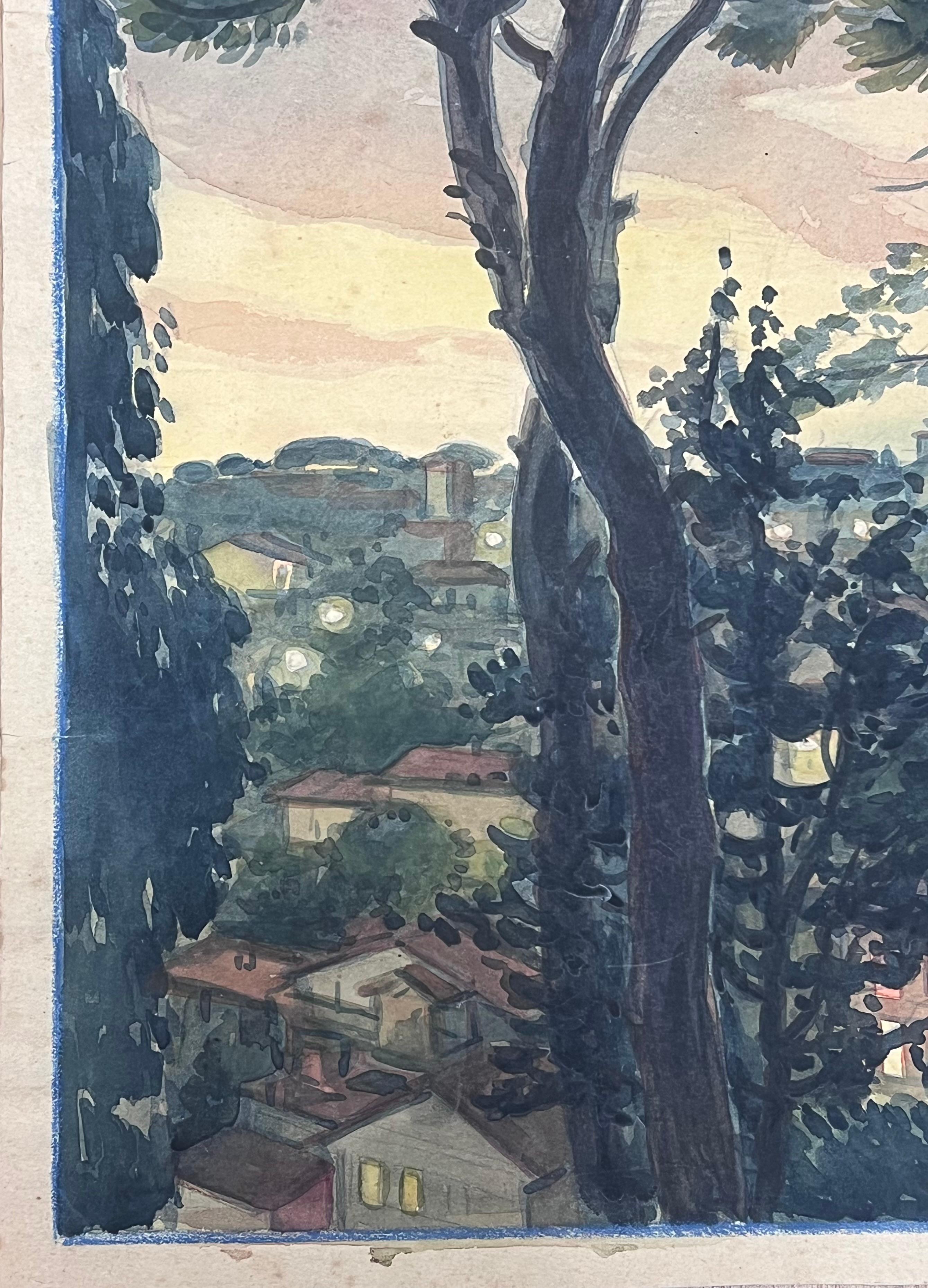 Serena Vista de Niza Francia Enmarcada por Altos Pinos Acuarela Oscura - Painting Posimpresionista de  Tony Minartz 