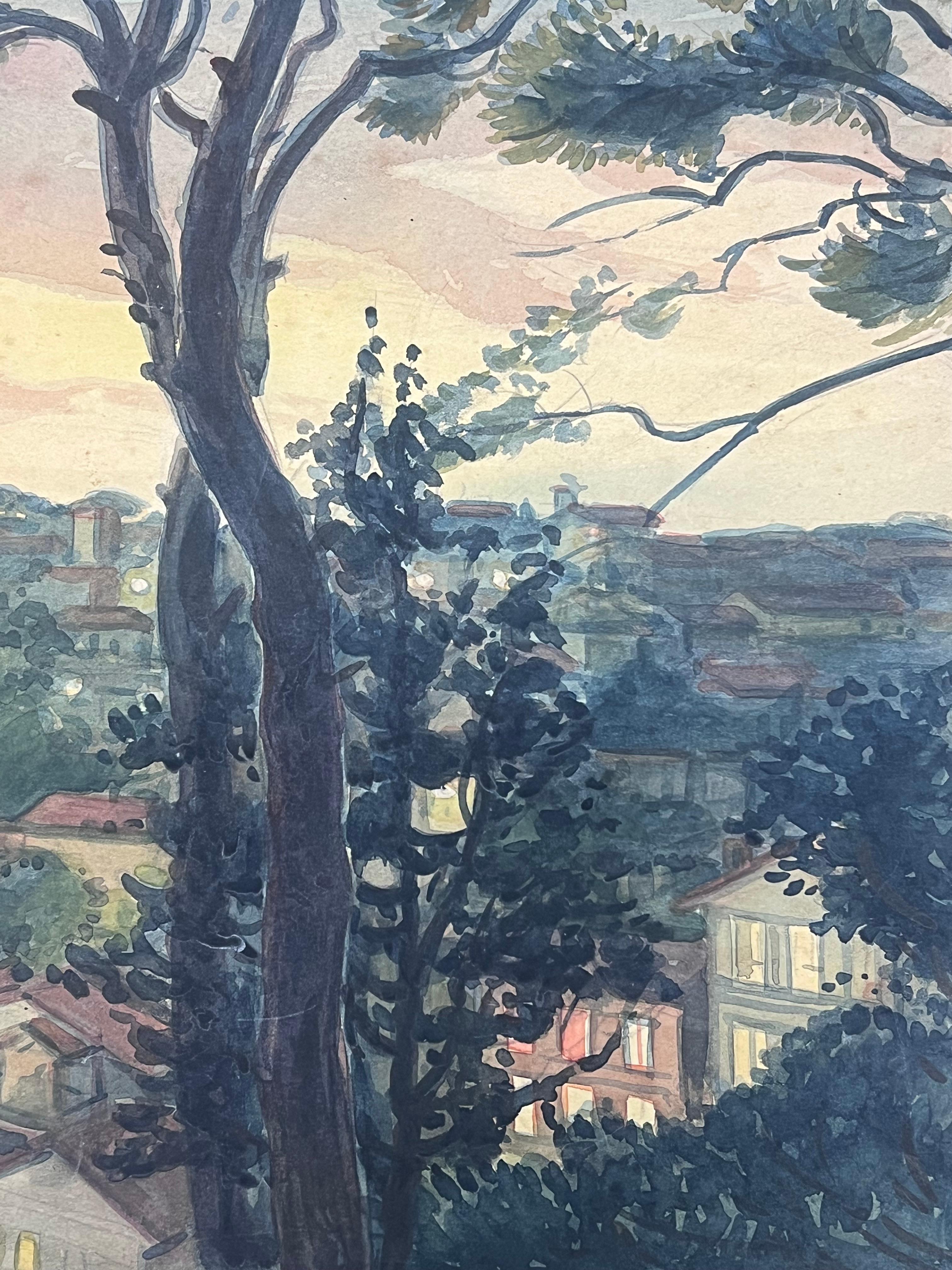 Serena Vista de Niza Francia Enmarcada por Altos Pinos Acuarela Oscura - Landscape Painting Púrpura de  Tony Minartz 