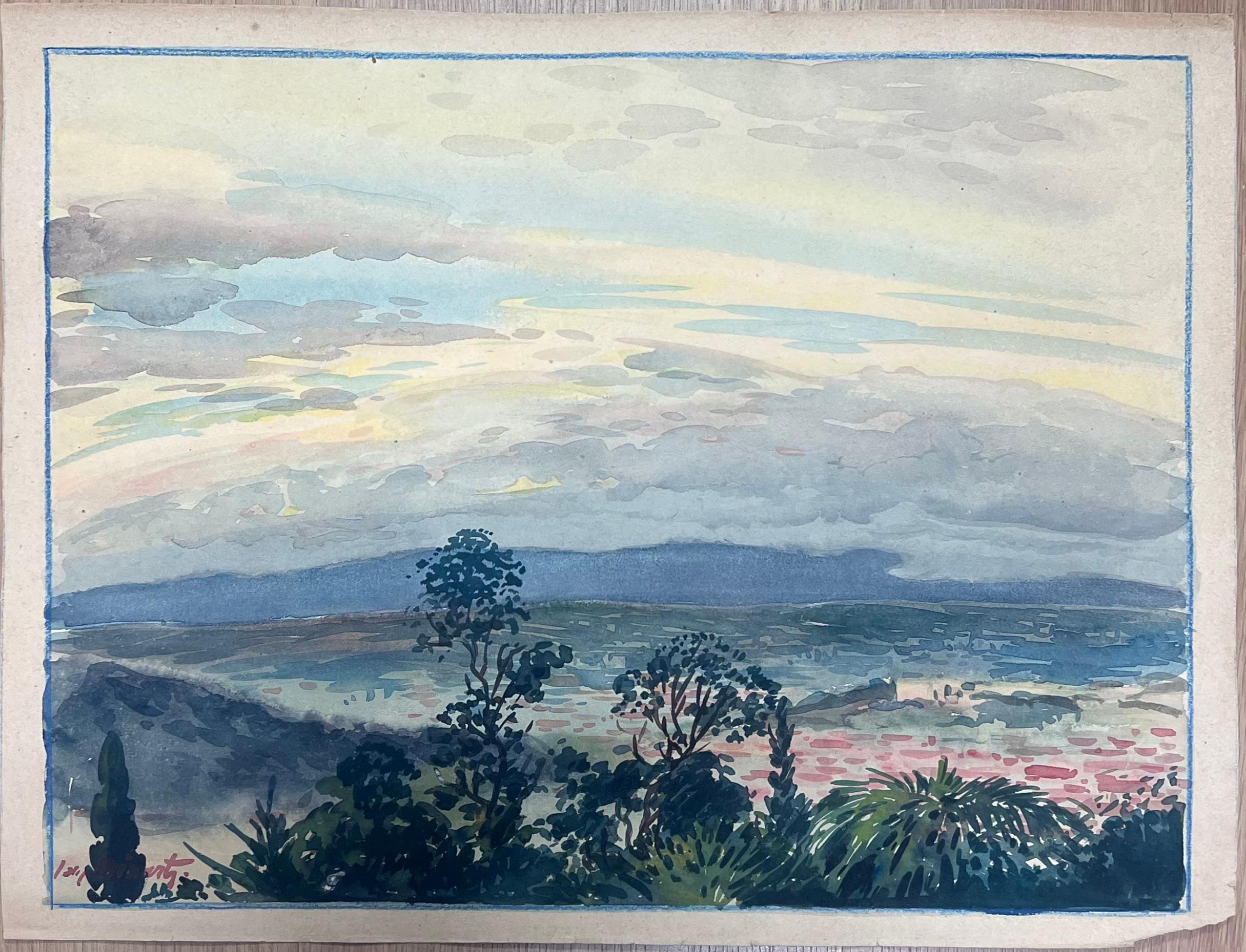 Cielo con vista sulla costa mediterranea di Nizza Francia Acquerello francese - Painting di  Tony Minartz 