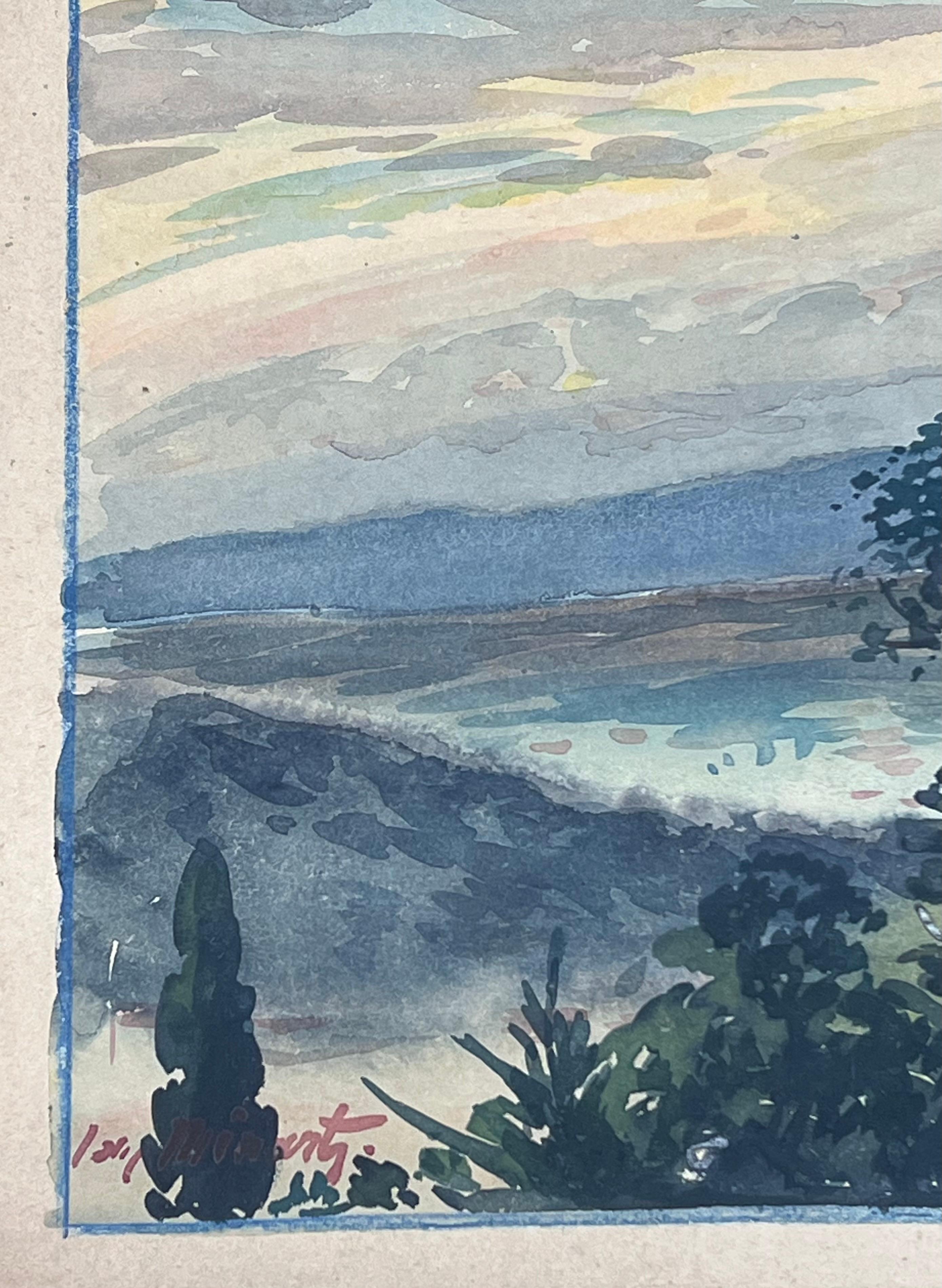 Cielo con vista sulla costa mediterranea di Nizza Francia Acquerello francese - Landscape Painting Grigio di  Tony Minartz 