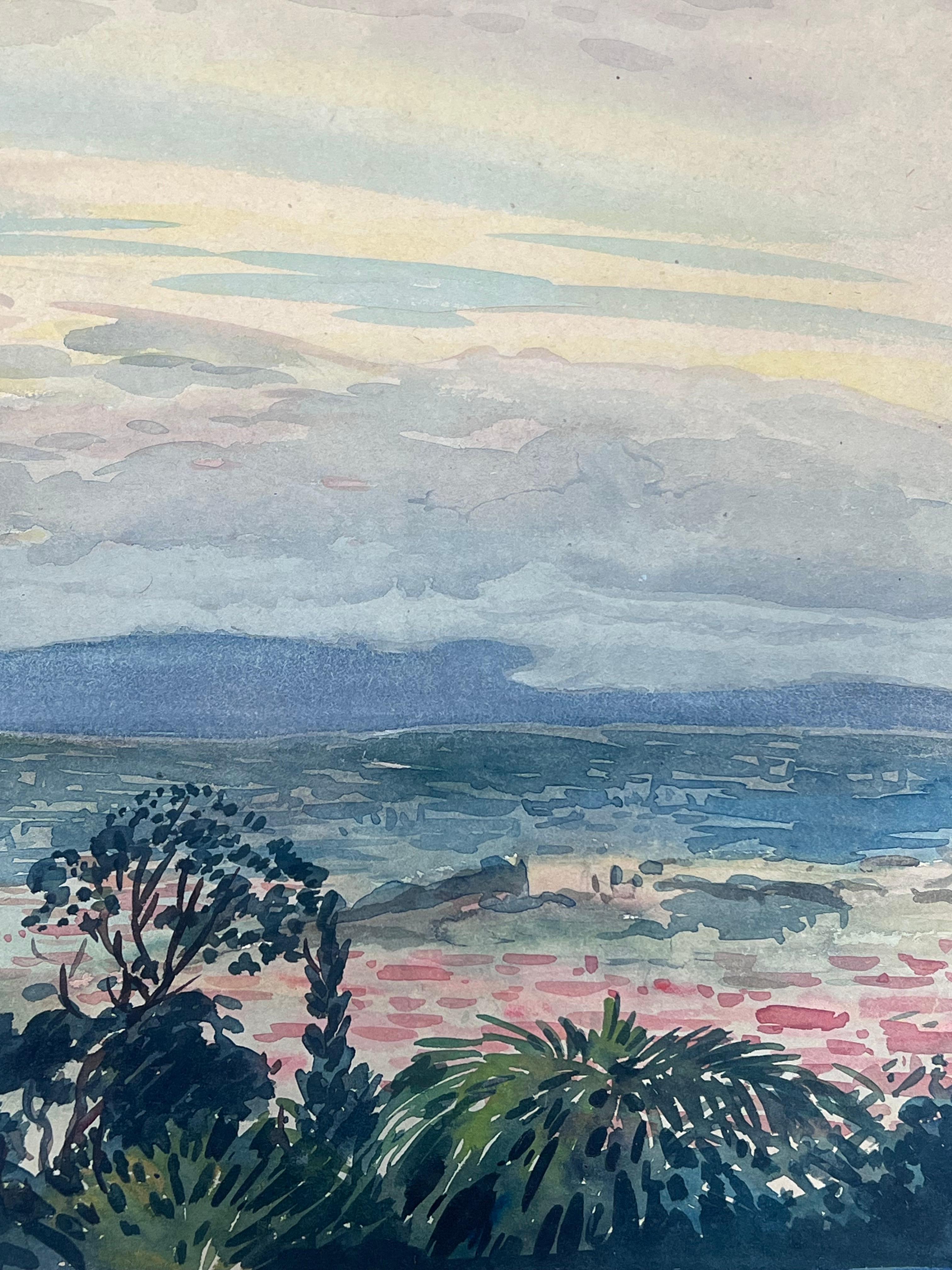 Cielo con vista sulla costa mediterranea di Nizza Francia Acquerello francese in vendita 1