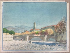 Summers day In Nice with Figures Exploring the Dry Bridge Watercolour Painting