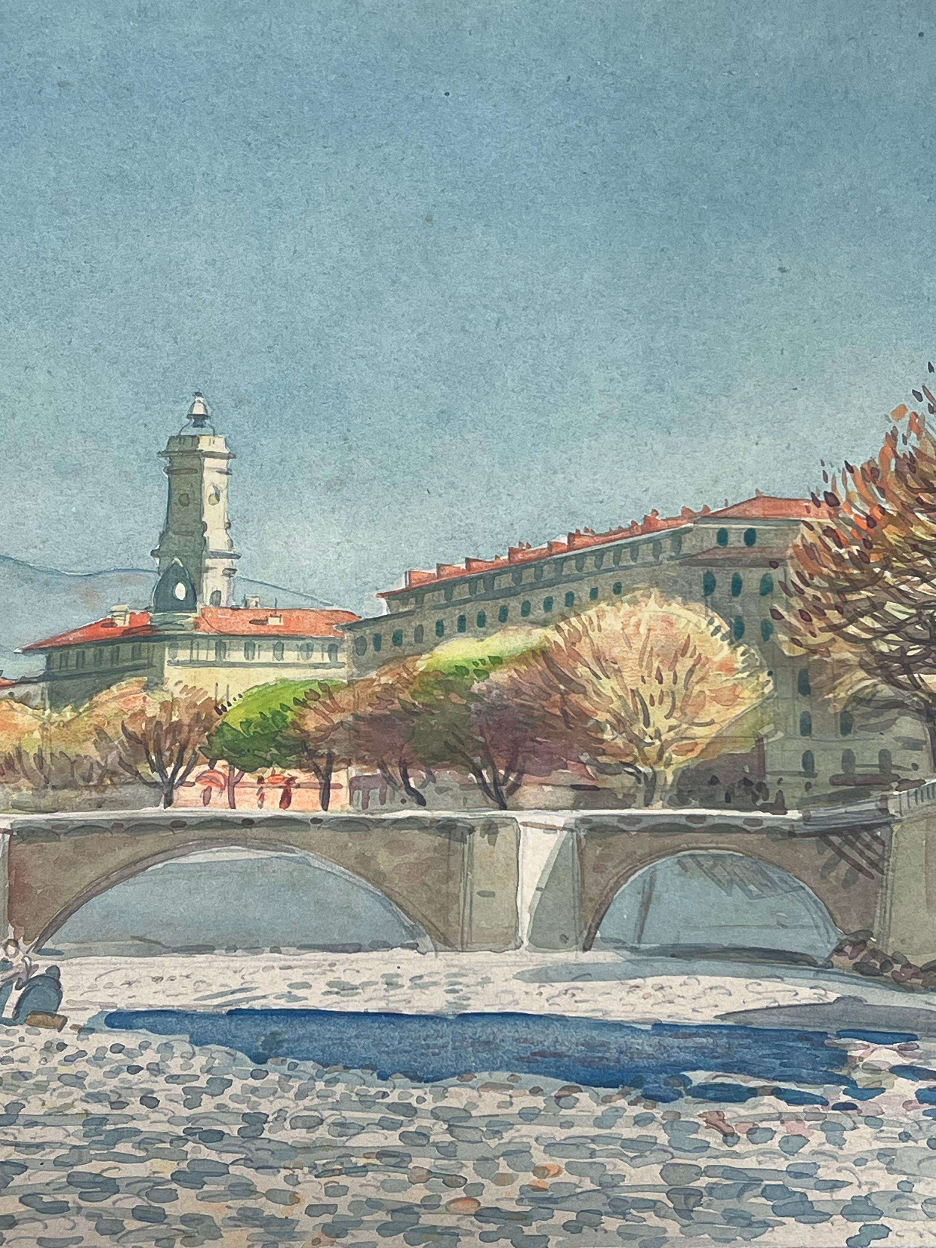 Summers day In Nice with Figures Exploring the Dry Bridge Watercolour Painting - Gray Landscape Art by  Tony Minartz 