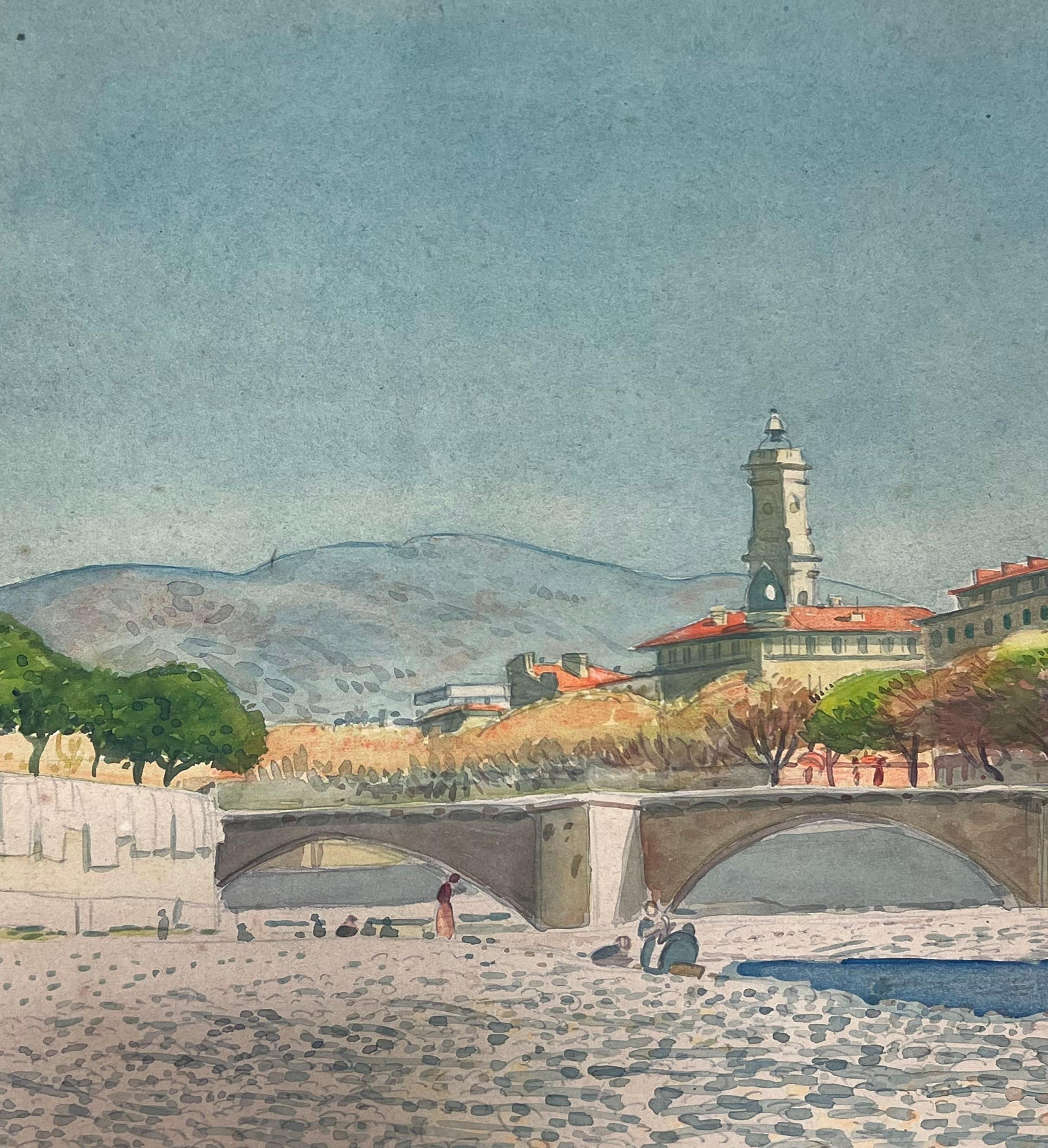Summers day In Nice with Figures Exploring the Dry Bridge Watercolour Painting For Sale 1