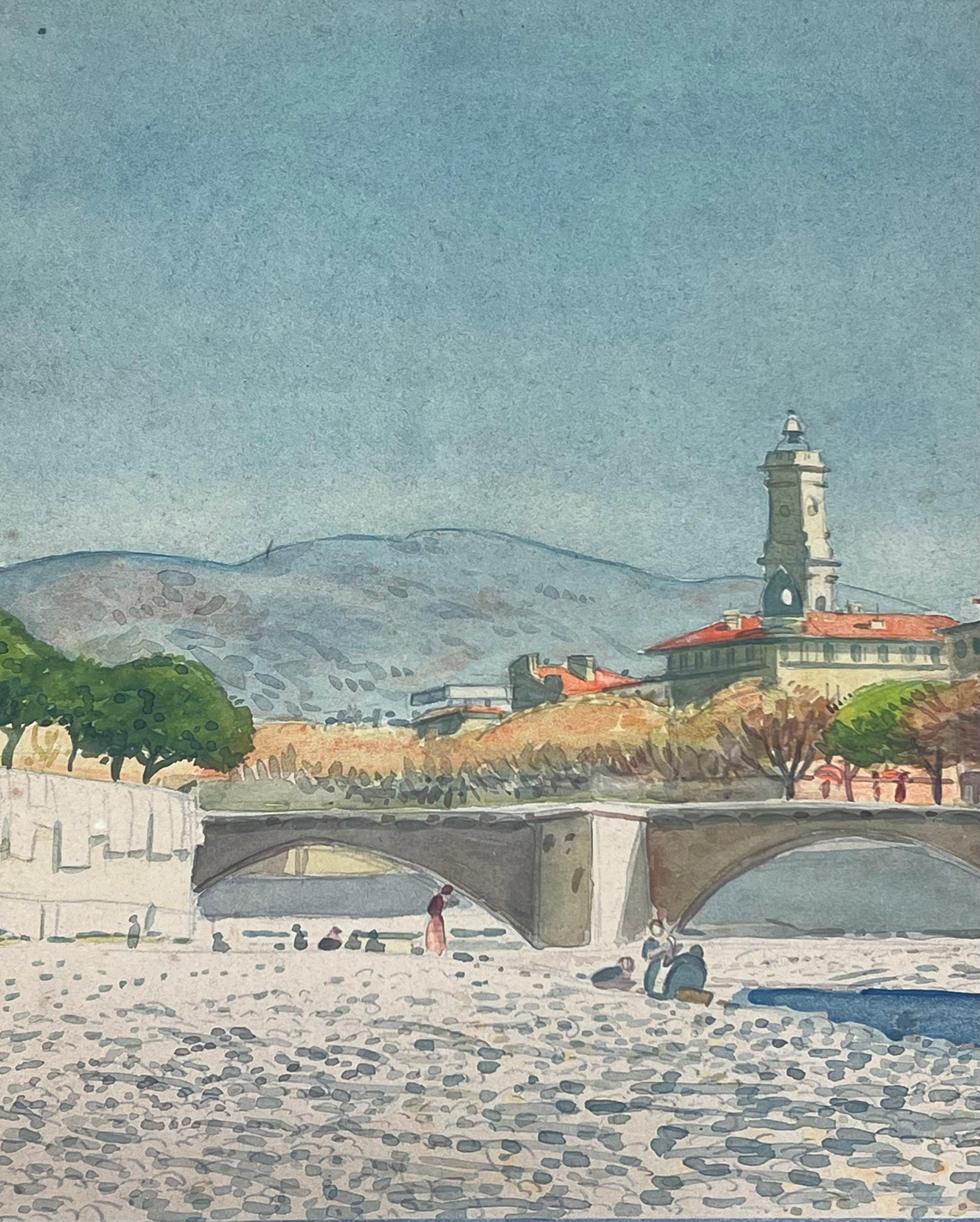 Summers day In Nice with Figures Exploring the Dry Bridge Watercolour Painting For Sale 2