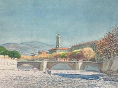 Día de Verano en Niza con Figuras Explorando el Puente Seco Pintura a la Acuarela