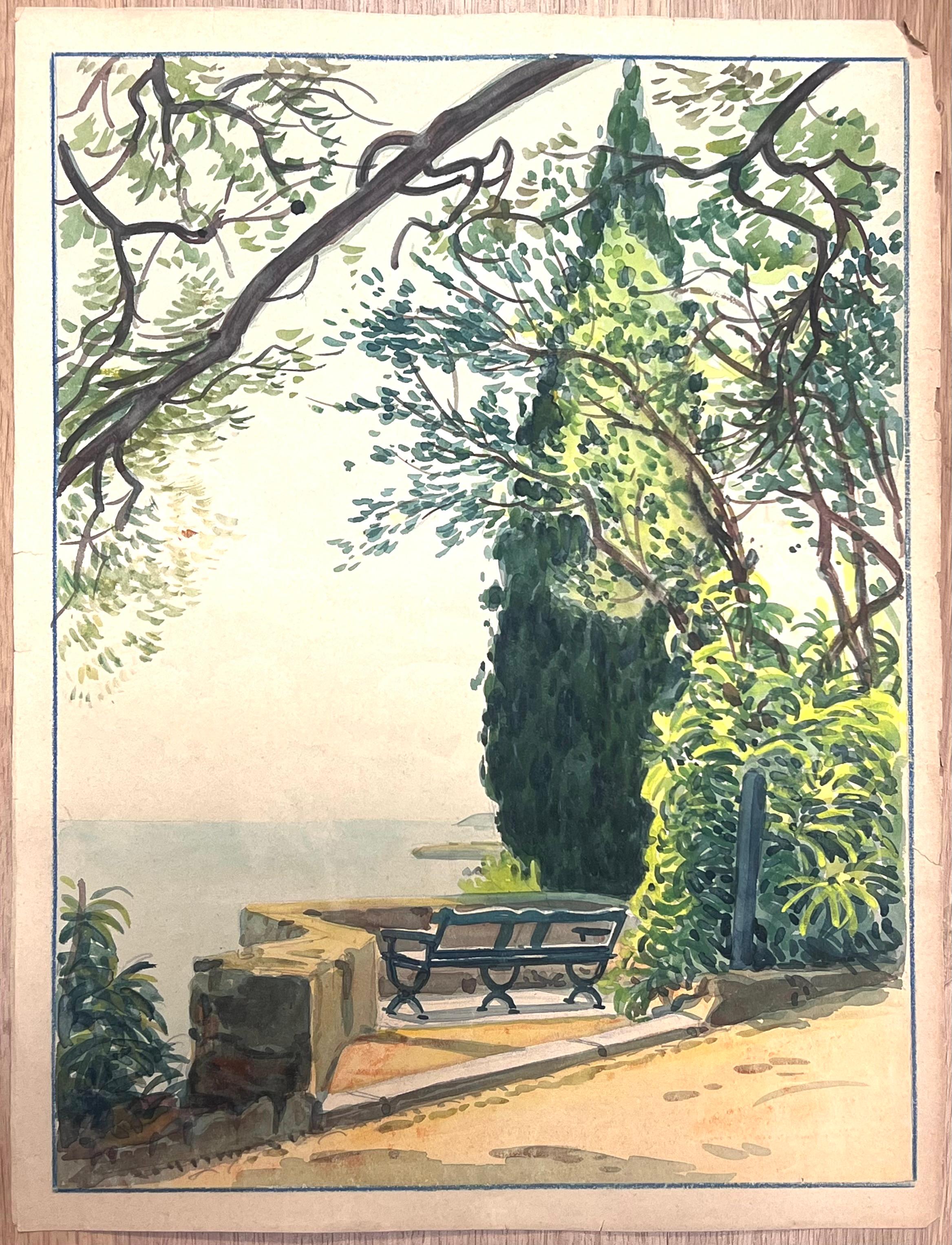 Banco iluminado por el sol con vistas al Mediterráneo azul Acuarela francesa - Painting de  Tony Minartz 