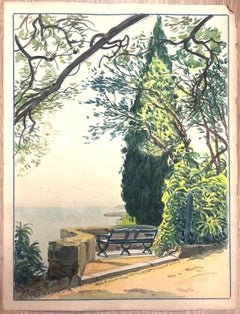 Sunlit Bench Overlooking the Azure Mediterranean French Watercolour Painting