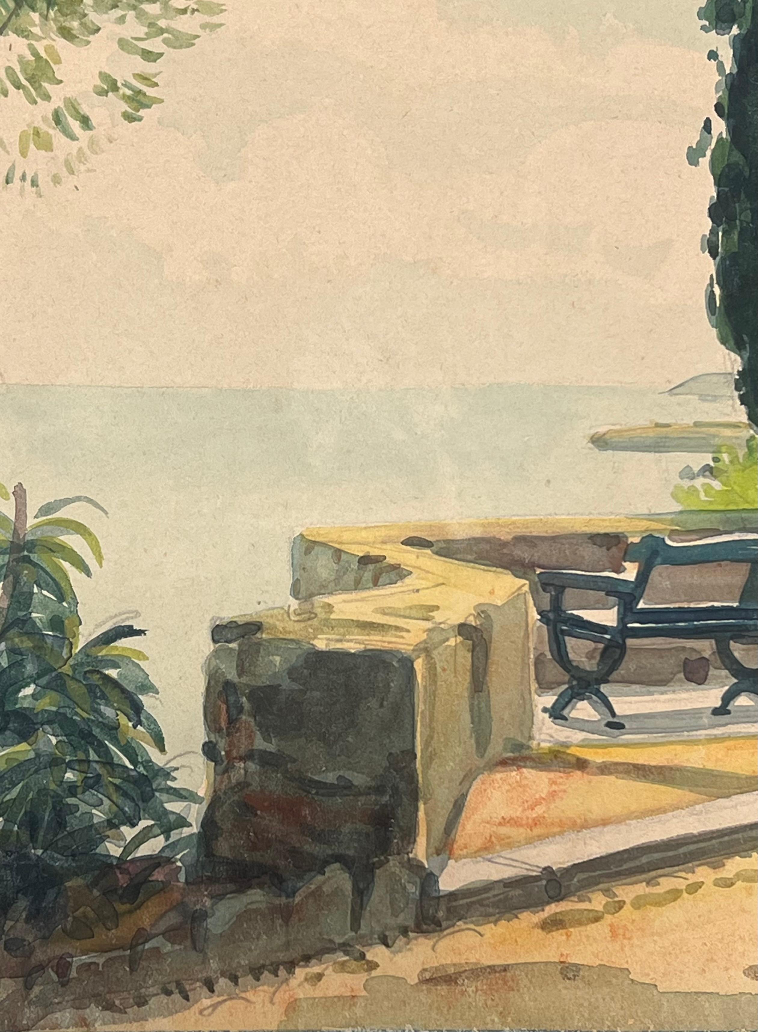 Banco con vistas al Mediterráneo azul
Tony Minartz (francés, 1873 - 1994)   
acuarela sobre papel de artista
cuadro : 17 x 13 pulgadas
Procedencia: colección privada en el sur de Francia, 
Estado: muy buen estado, con algunas marcas de la edad en el