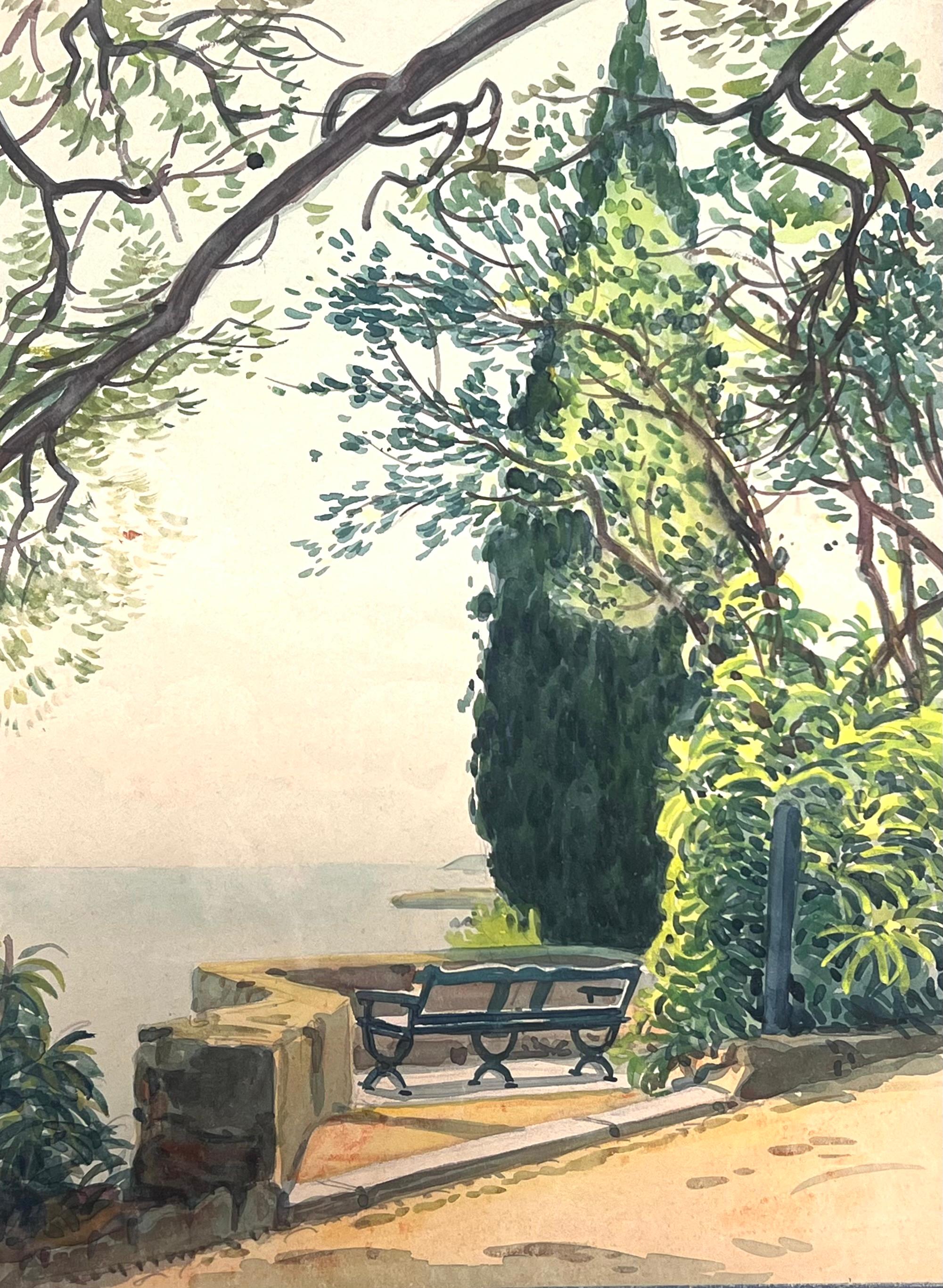 Landscape Painting de  Tony Minartz  - Banco iluminado por el sol con vistas al Mediterráneo azul Acuarela francesa