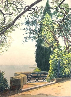 Sunlit Bench mit Blick auf die Azure Mittelmeer Französisch Aquarell Malerei
