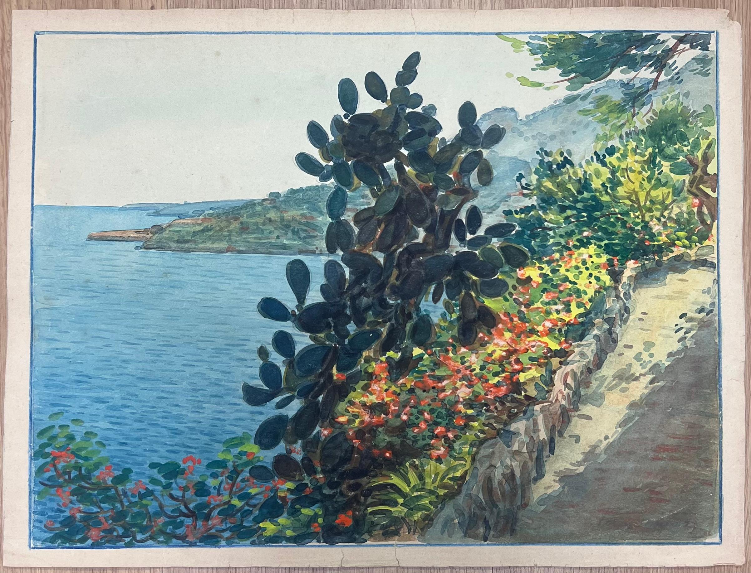 Pintura Camino costero iluminado por el sol en Mónaco con vibrantes cactus y flores florecientes - Art de  Tony Minartz 