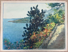 Sunlit Coastal Path in Monaco with Vibrant Cactus and Blooming Flowers Painting