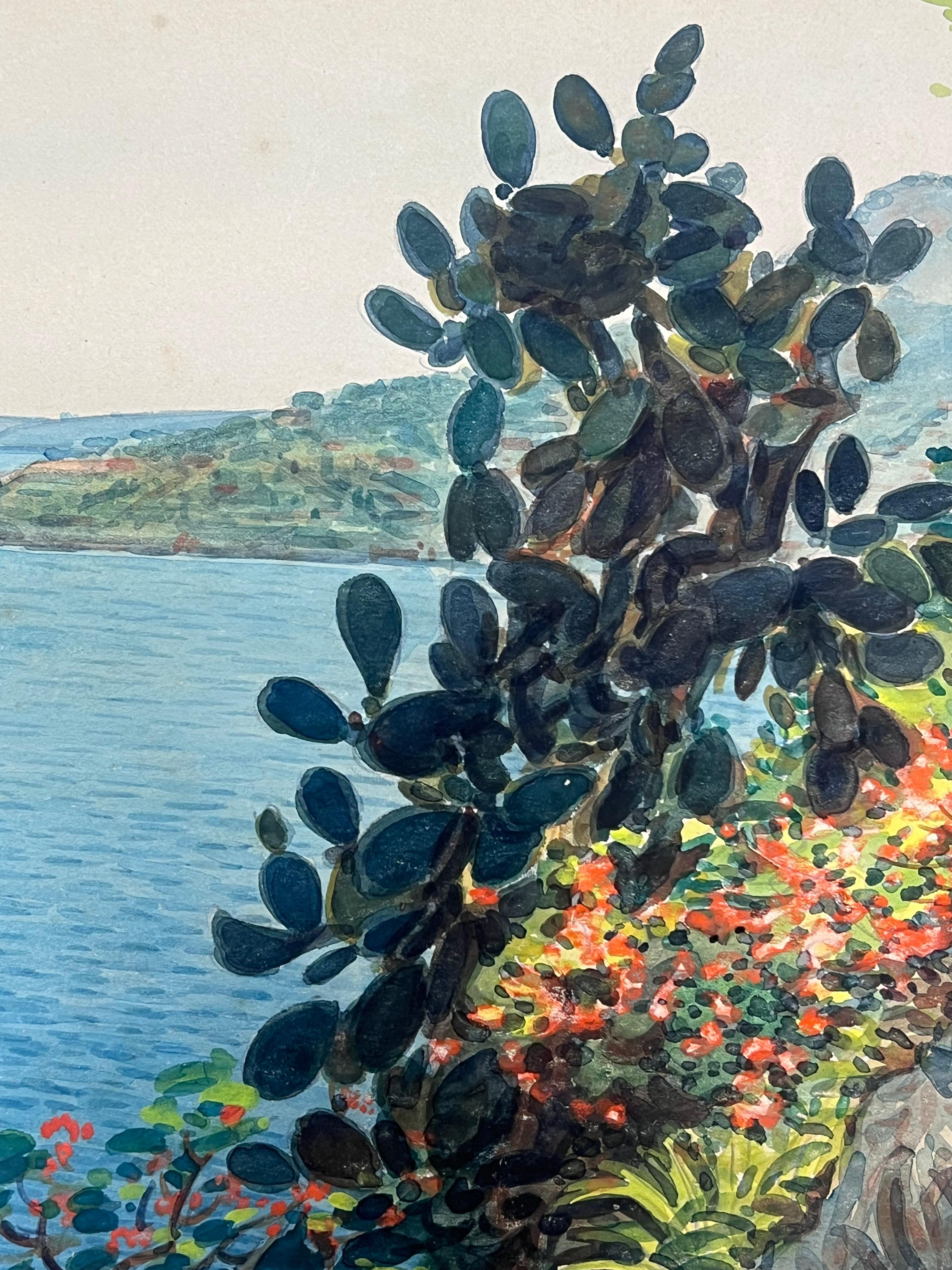 Pintura Camino costero iluminado por el sol en Mónaco con vibrantes cactus y flores florecientes - Art Posimpresionista de  Tony Minartz 