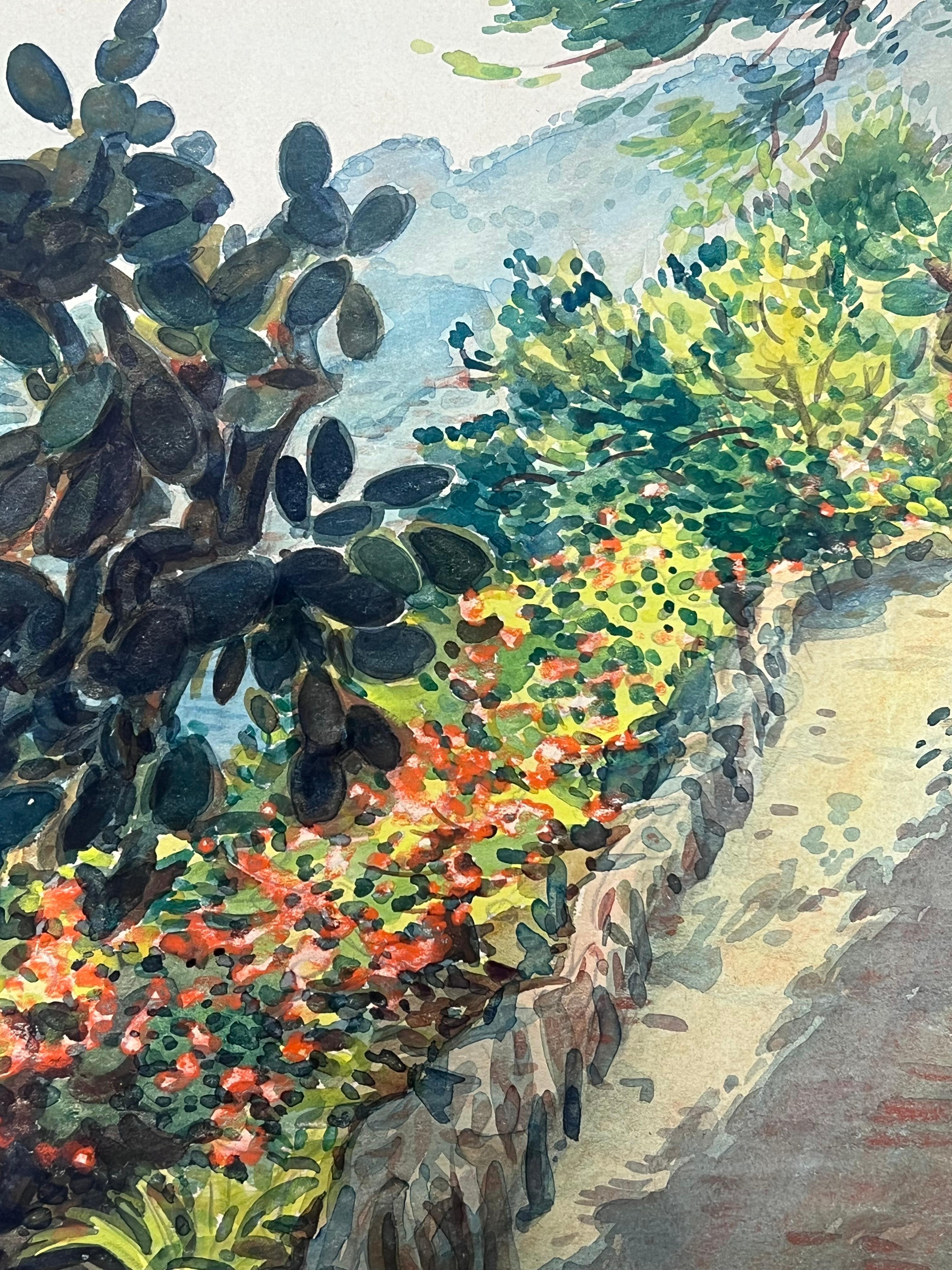 Pintura Camino costero iluminado por el sol en Mónaco con vibrantes cactus y flores florecientes - Landscape Art Gris de  Tony Minartz 