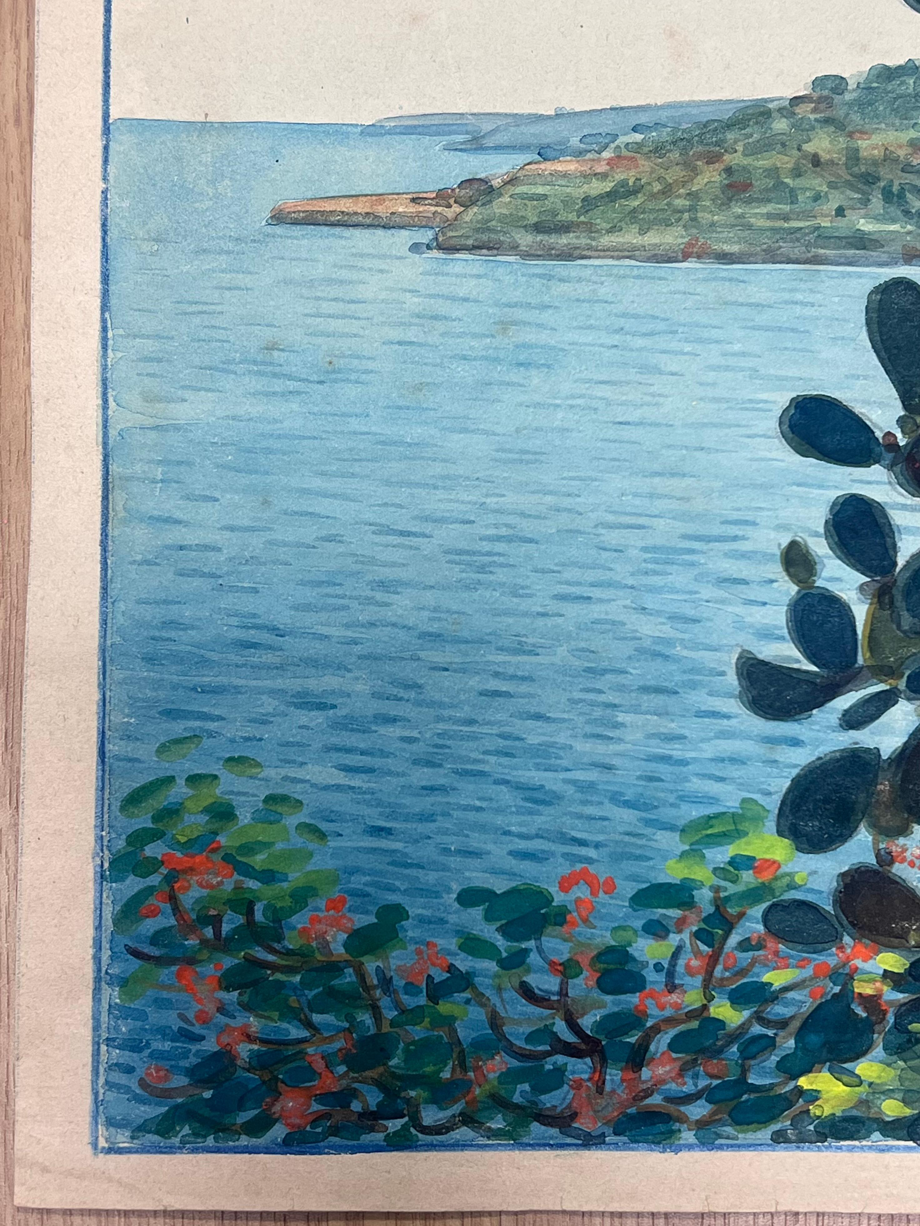 Pintura Camino costero iluminado por el sol en Mónaco con vibrantes cactus y flores florecientes en venta 1