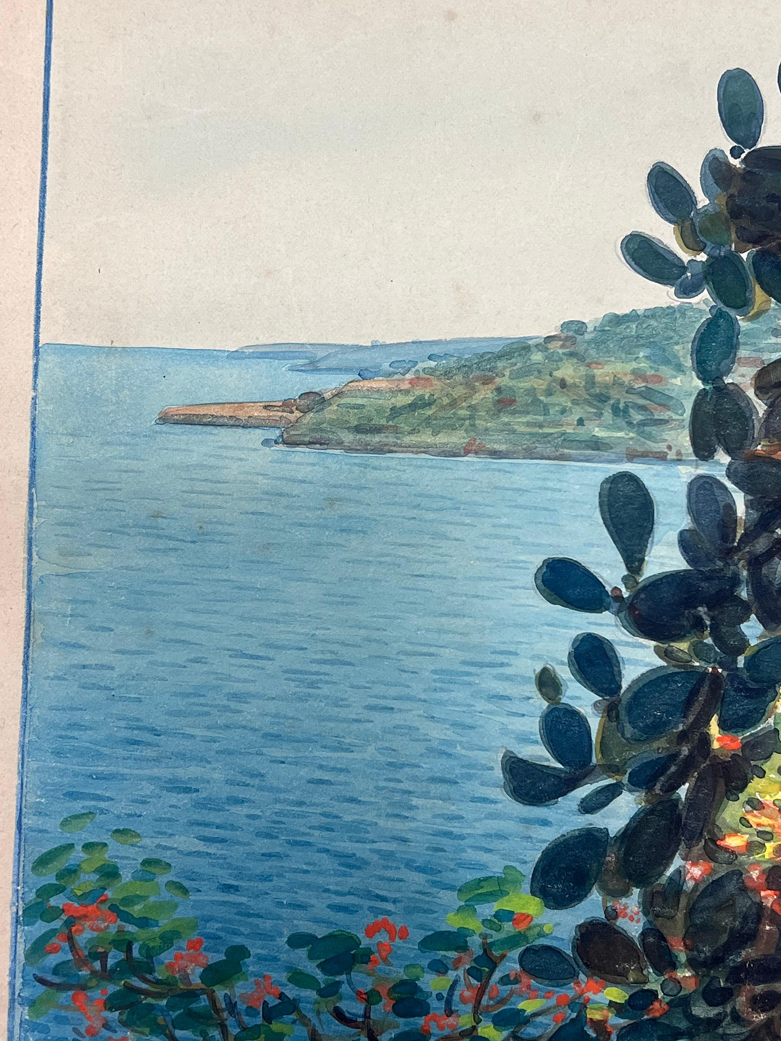 Pintura Camino costero iluminado por el sol en Mónaco con vibrantes cactus y flores florecientes en venta 2