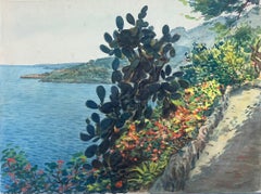 Sunlit Coastal Path in Monaco mit lebhaftem Kakteen- und blühenden Blumen, Gemälde