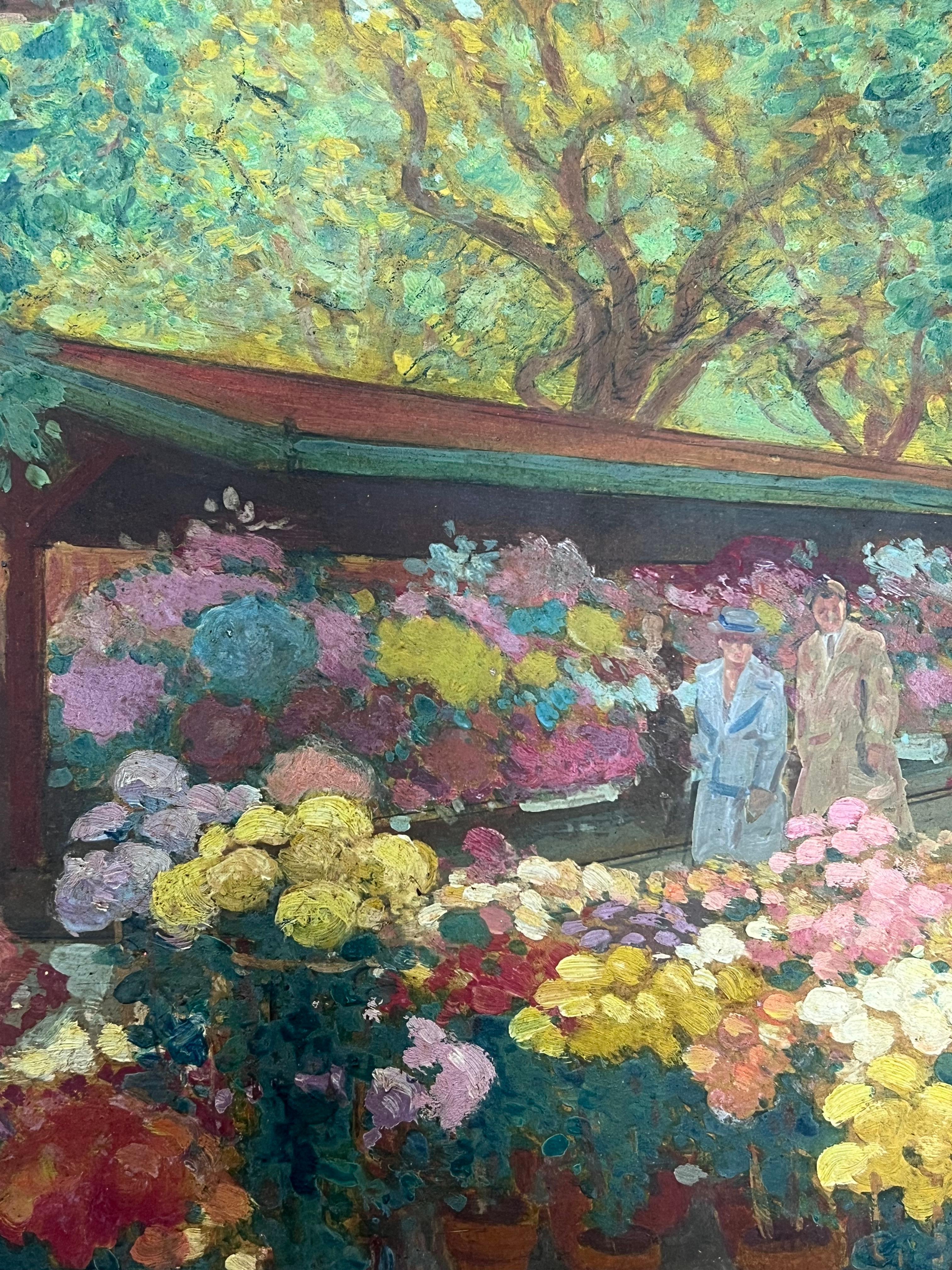 Vibrante mercado de flores al aire libre en Niza Pintura al óleo francesa - Figurative Painting Gris de  Tony Minartz 