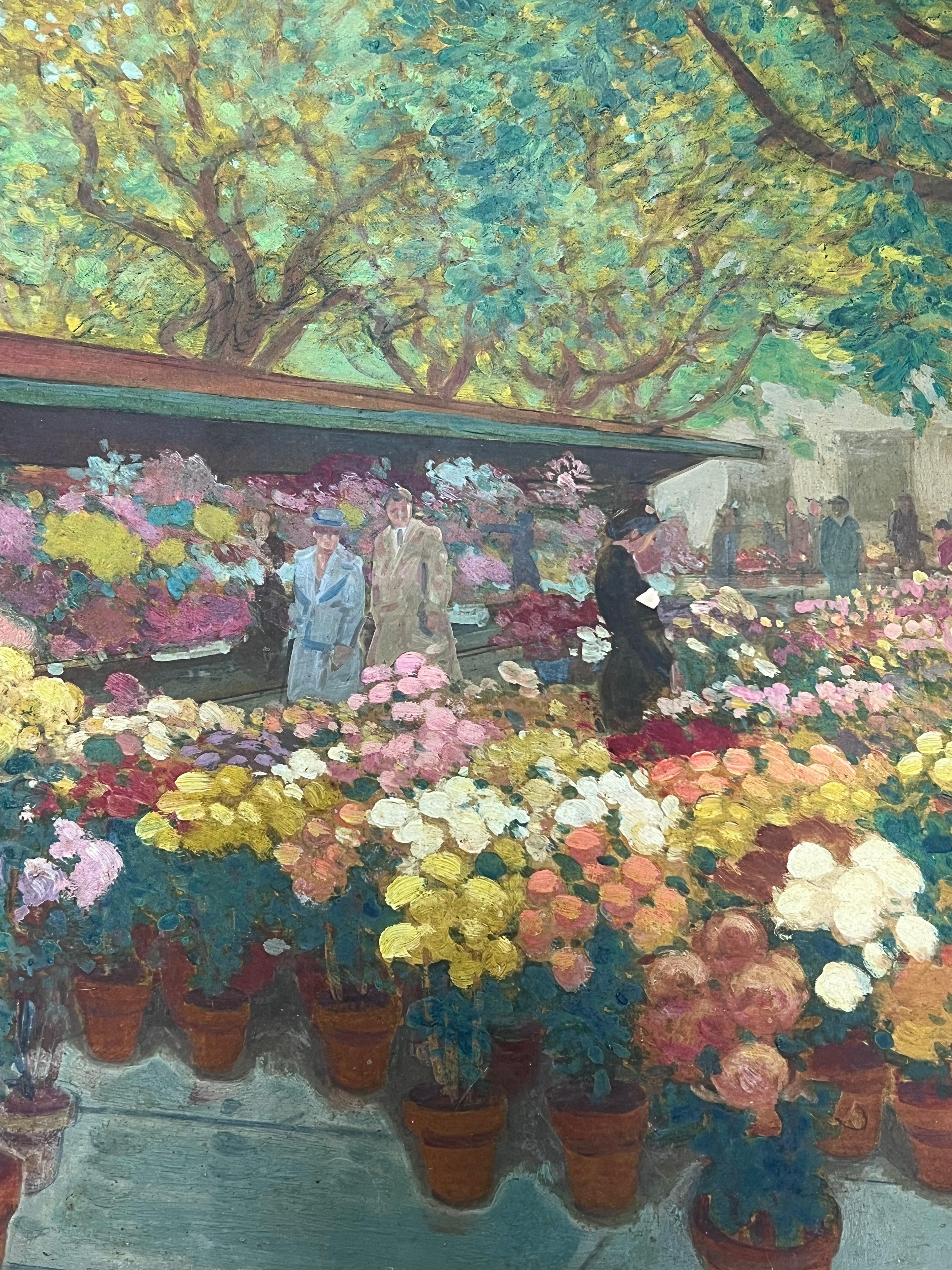 Vibrante mercado de las flores en Niza
Tony Minartz (francés, 1873 - 1994)  
óleo sobre papel grueso de artista
cuadro : 16 x 20 pulgadas
Procedencia: colección privada en el sur de Francia, 
Estado: muy buen estado, con algunas marcas de la edad en