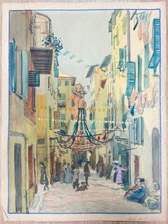 Vintage French Watercolor Painting Nice Old Town South of France Lively Street