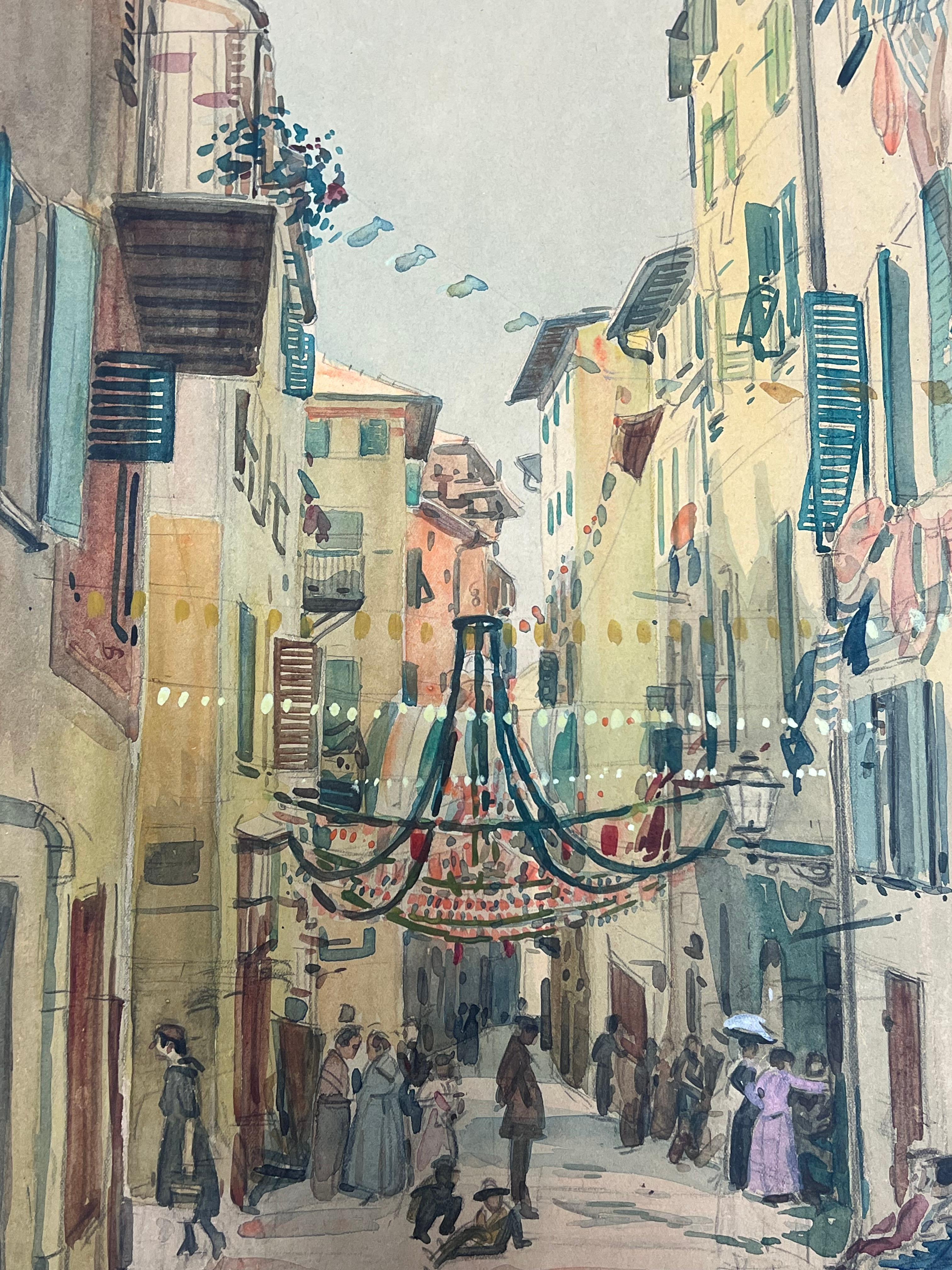 Vintage Pintura Acuarela Francesa Niza Ciudad Vieja Sur de Francia Calle Animada - Painting Impresionista de  Tony Minartz 
