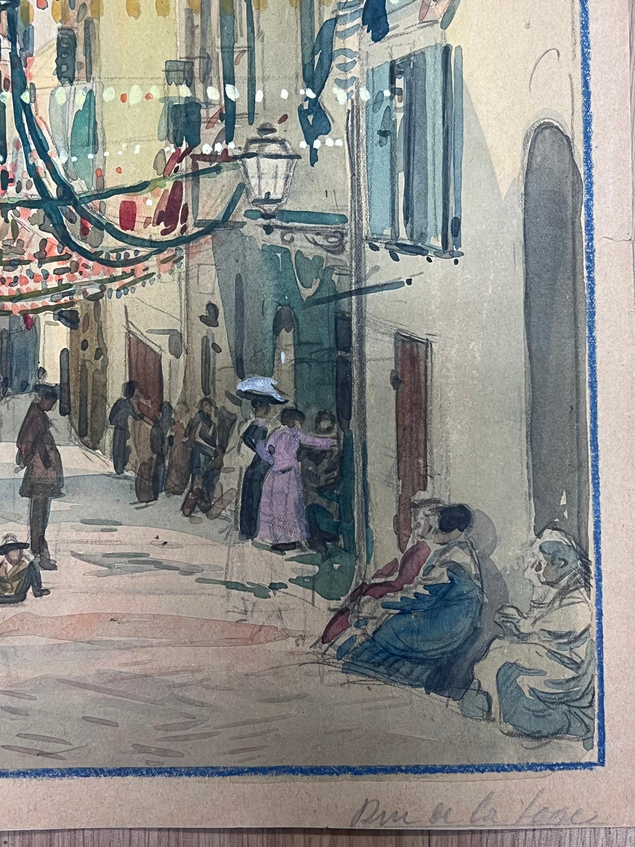 Vintage Pintura Acuarela Francesa Niza Ciudad Vieja Sur de Francia Calle Animada - Landscape Painting Gris de  Tony Minartz 