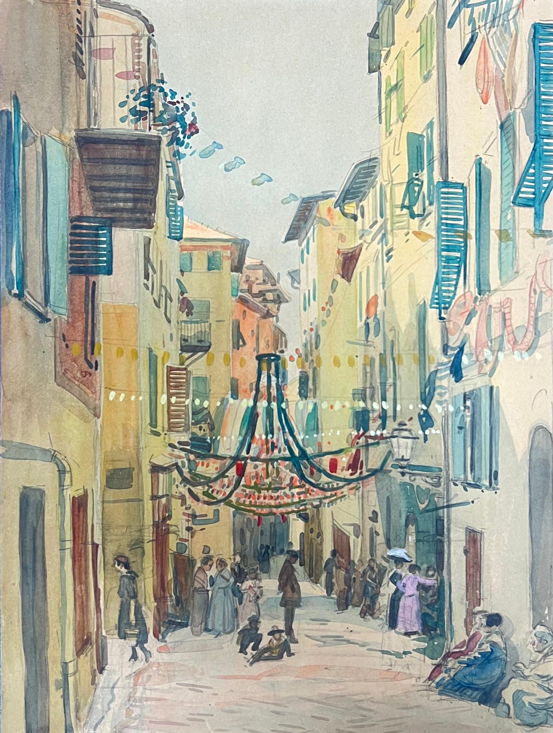 Vintage Pintura Acuarela Francesa Niza Ciudad Vieja Sur de Francia Calle Animada en venta 1
