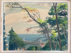 Acquerello francese d'epoca Vista panoramica della costa di Monaco