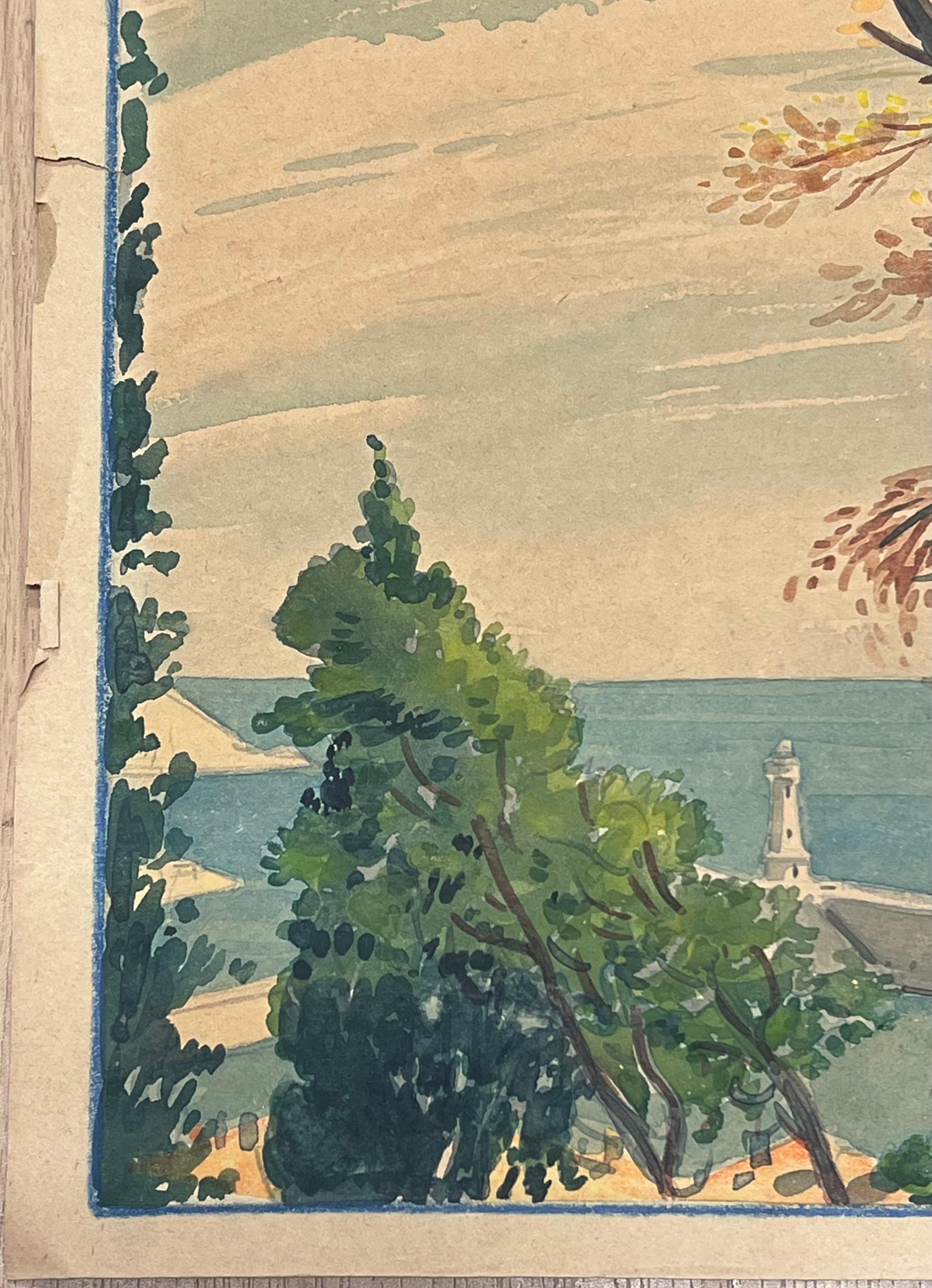 Acuarela francesa vintage Vista panorámica de la costa de Mónaco - Painting Posimpresionista de  Tony Minartz 